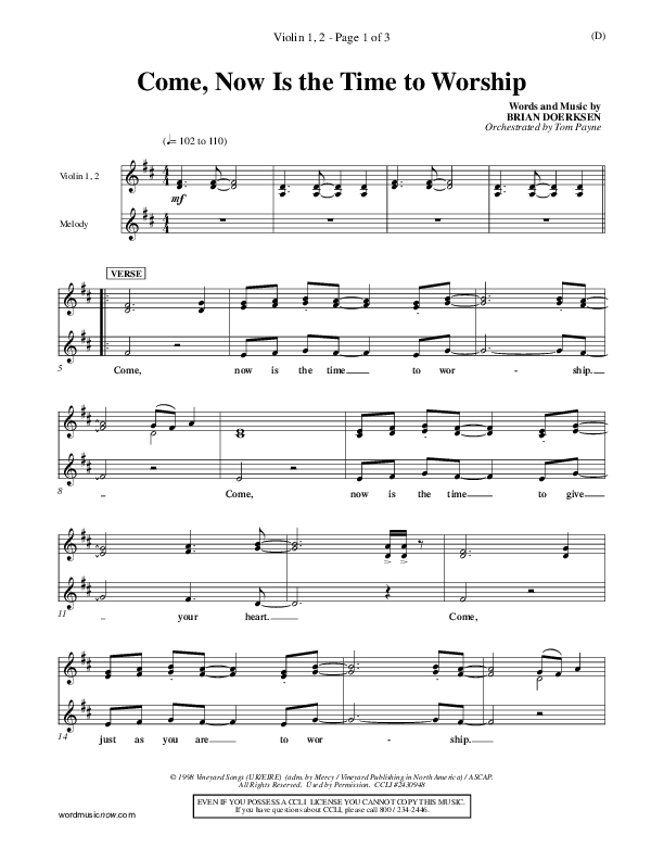 Come Now Is The Time To Worship Violin 1/2 (Brian Doerksen)
