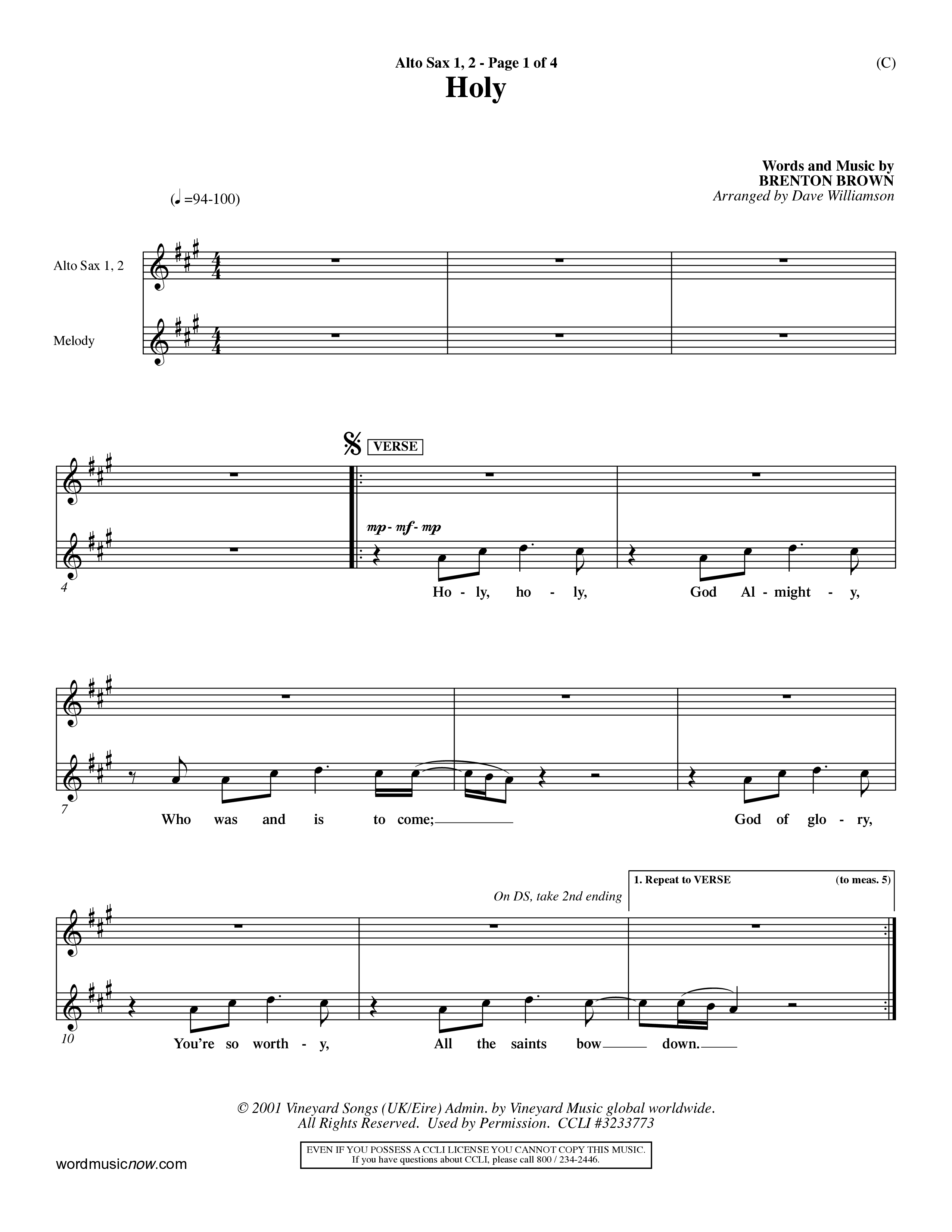 Holy (Choral Anthem SATB) Alto Sax 1/2 (Word Music Choral / Arr. Dave Williamson)
