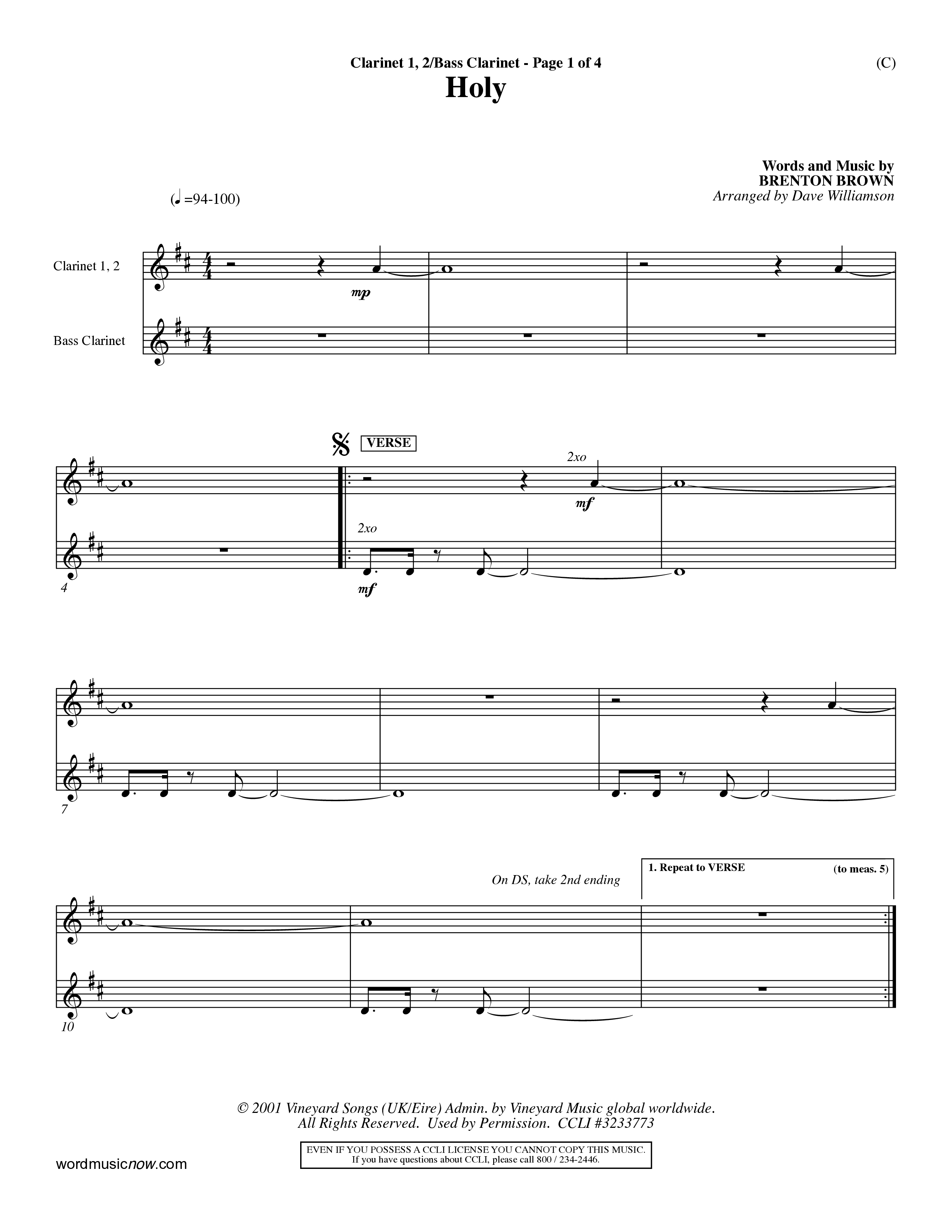 Holy (Choral Anthem SATB) Clarinet 1/2, Bass Clarinet (Word Music Choral / Arr. Dave Williamson)