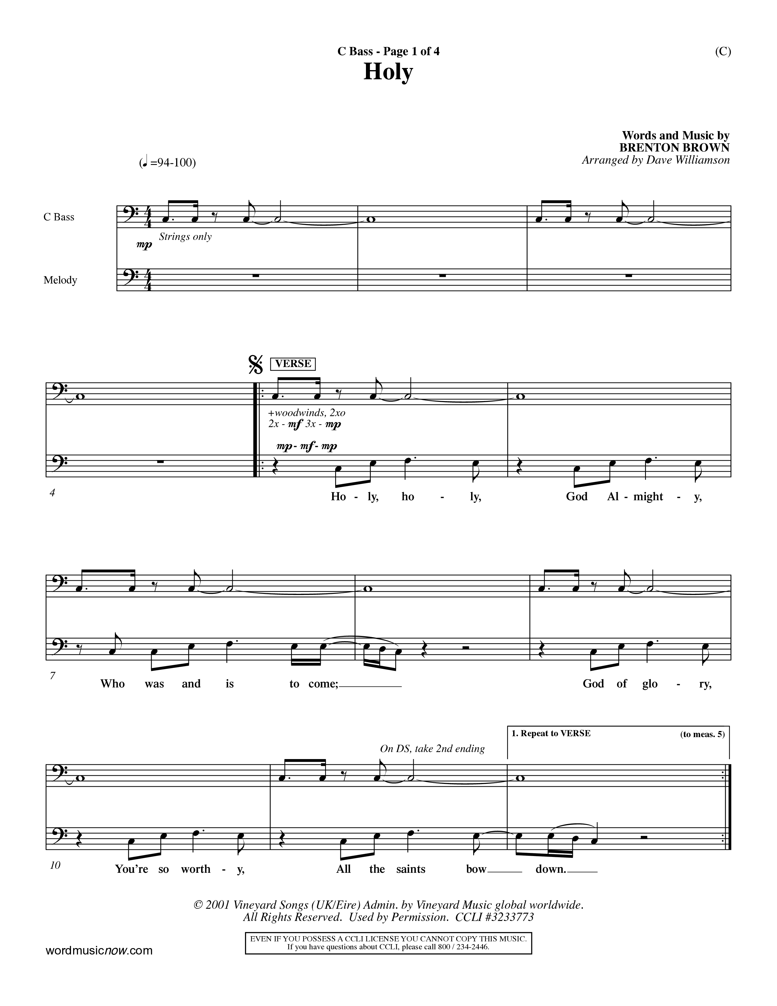 Holy (Choral Anthem SATB) Contrabass (Word Music Choral / Arr. Dave Williamson)