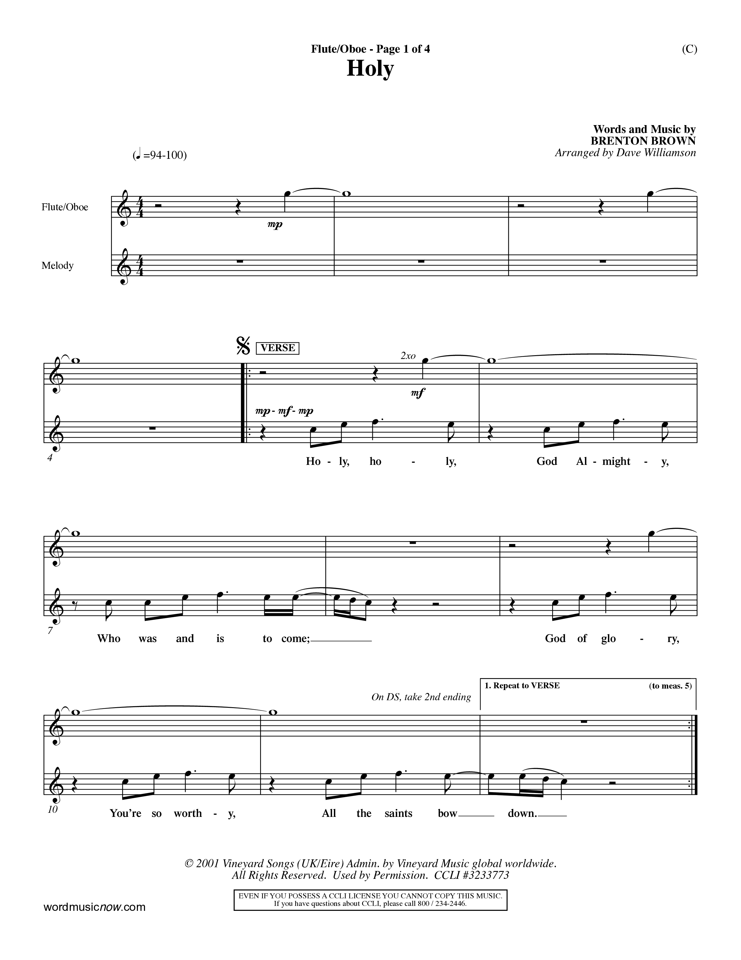 Holy (Choral Anthem SATB) Flute/Oboe (Word Music Choral / Arr. Dave Williamson)