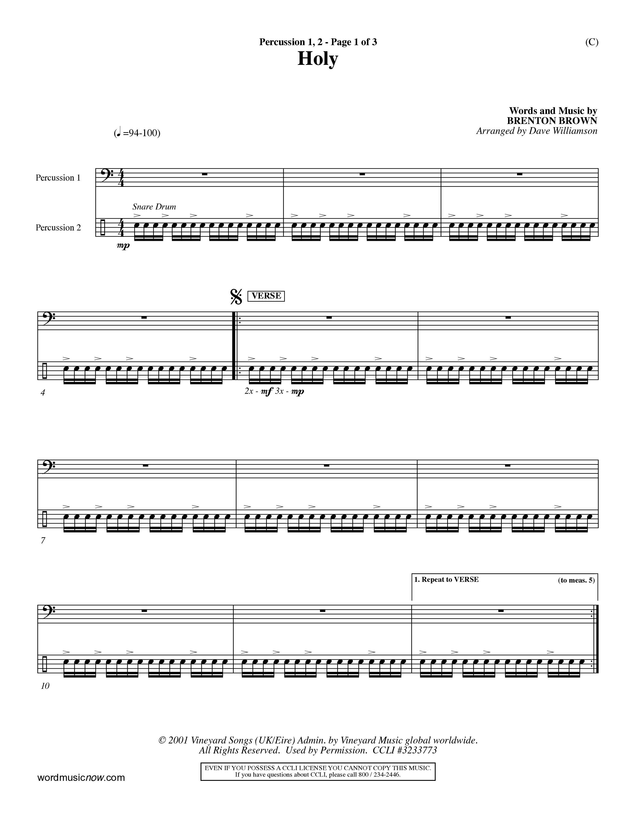 Holy (Choral Anthem SATB) Percussion 1/2 (Word Music Choral / Arr. Dave Williamson)