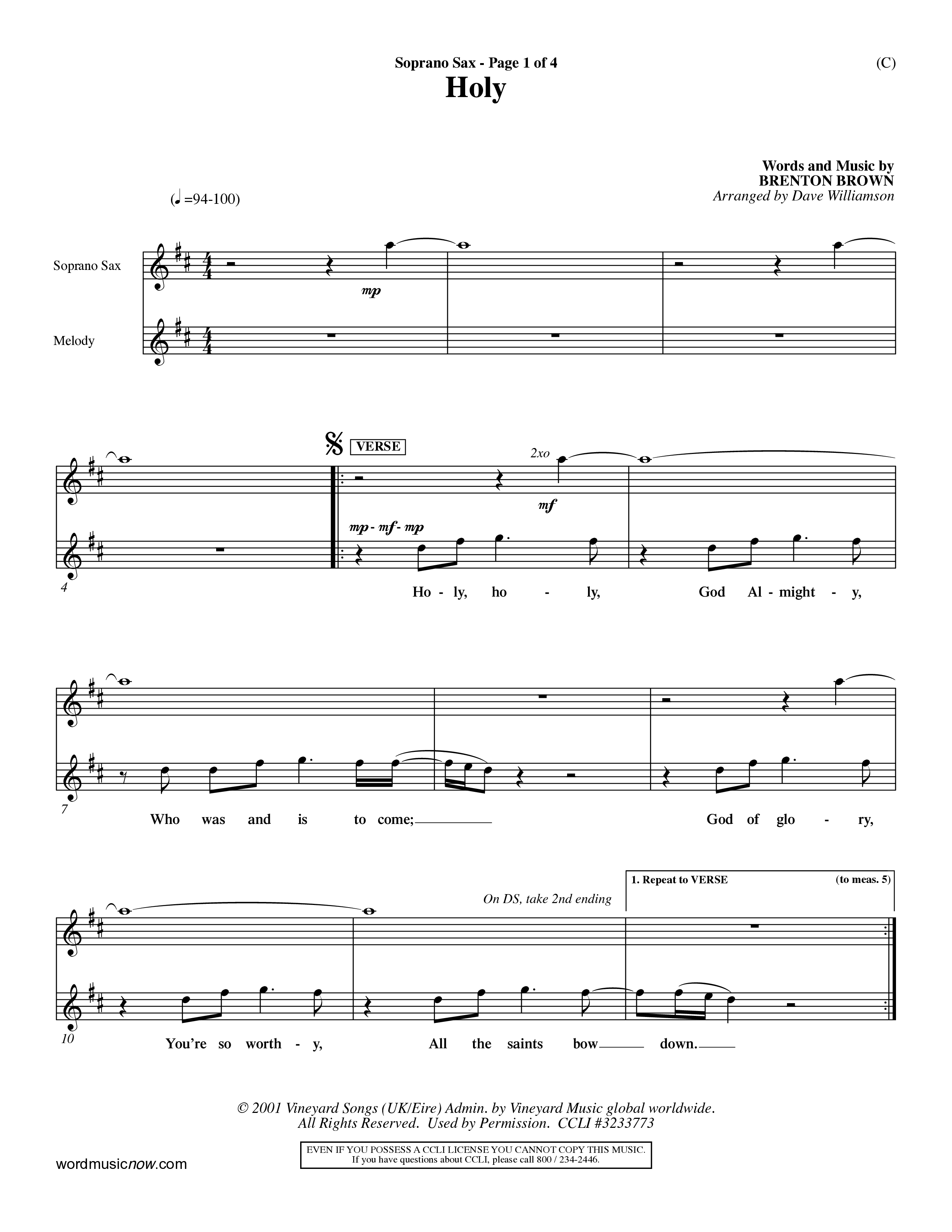 Holy (Choral Anthem SATB) Saxophone (Word Music Choral / Arr. Dave Williamson)