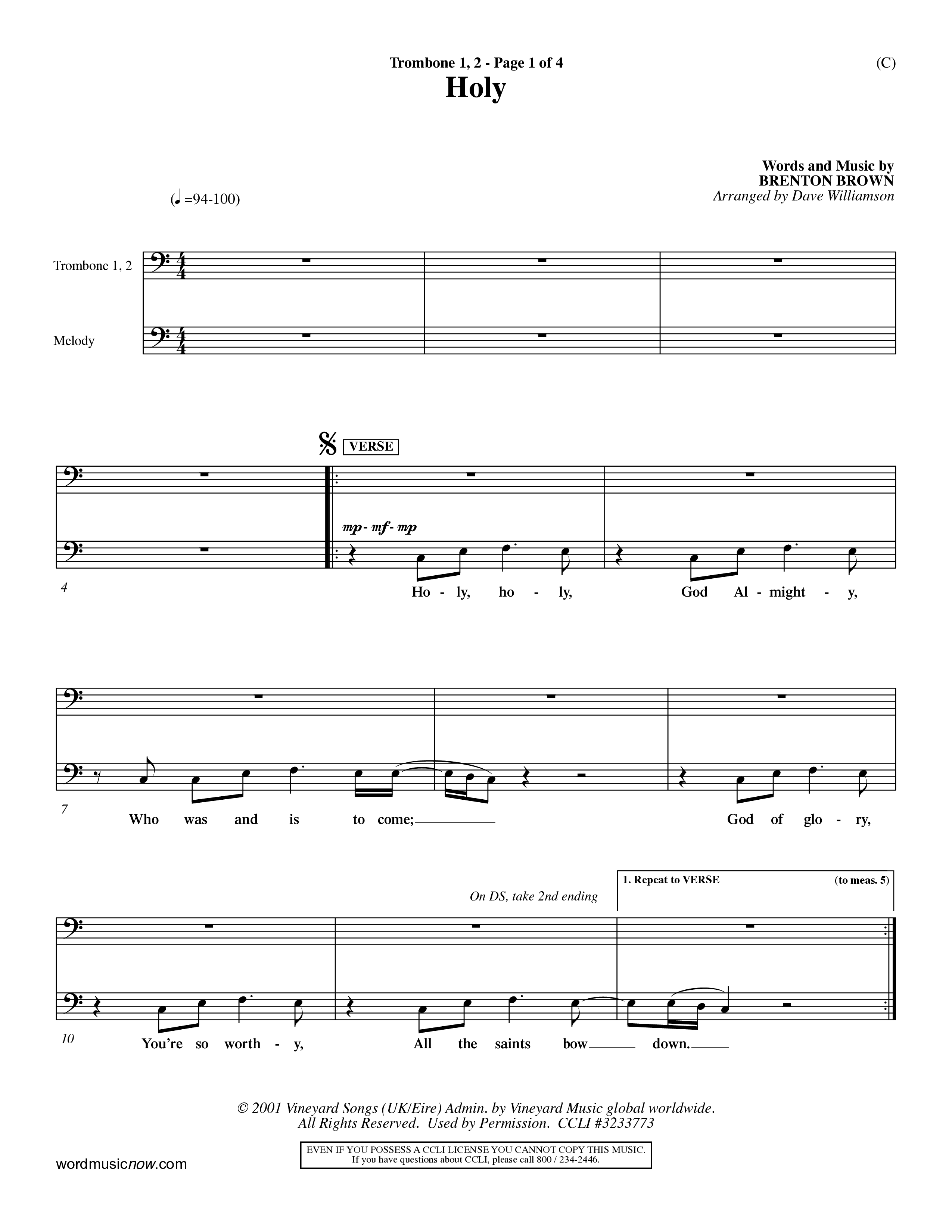Holy (Choral Anthem SATB) Trombone 1/2 (Word Music Choral / Arr. Dave Williamson)