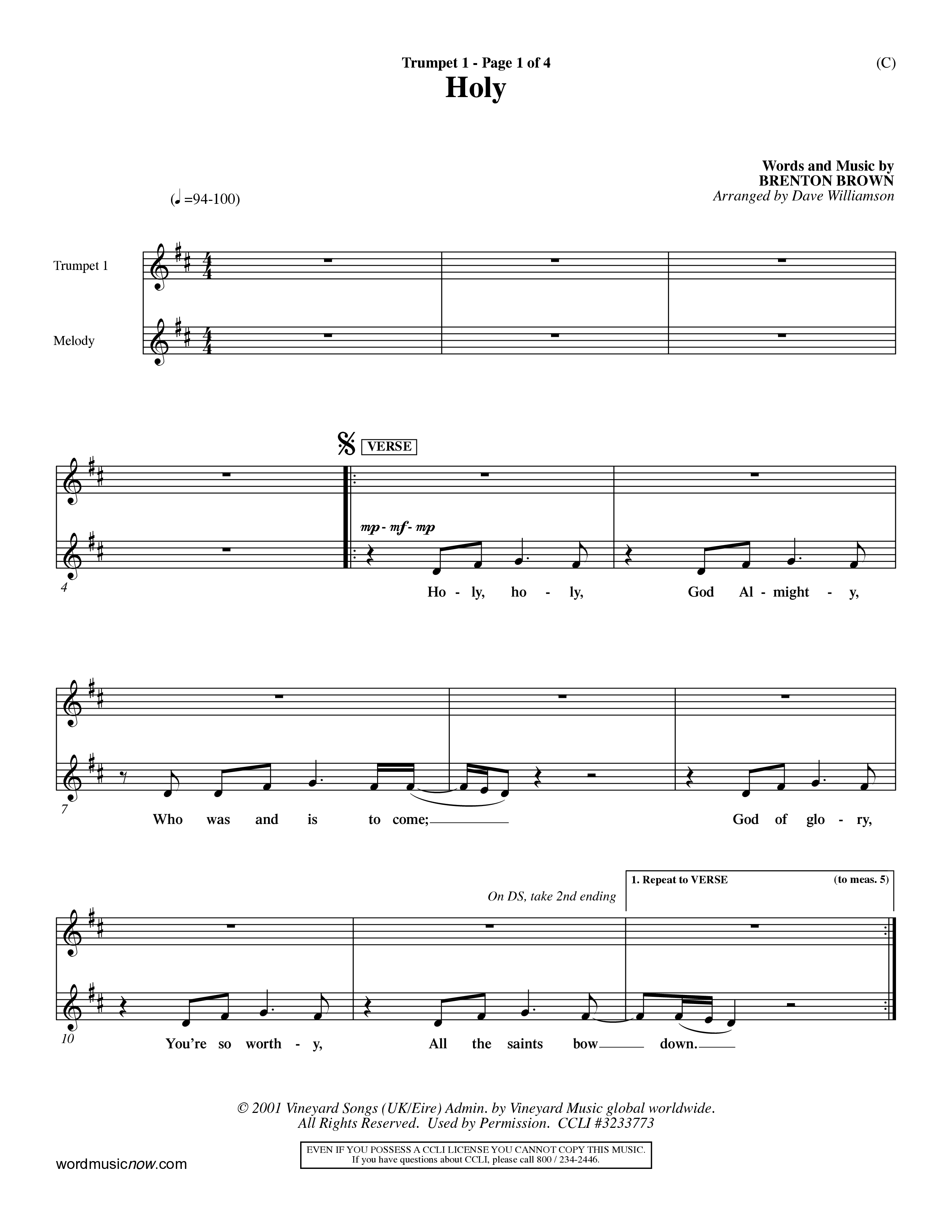 Holy (Choral Anthem SATB) Trumpet 1 (Word Music Choral / Arr. Dave Williamson)