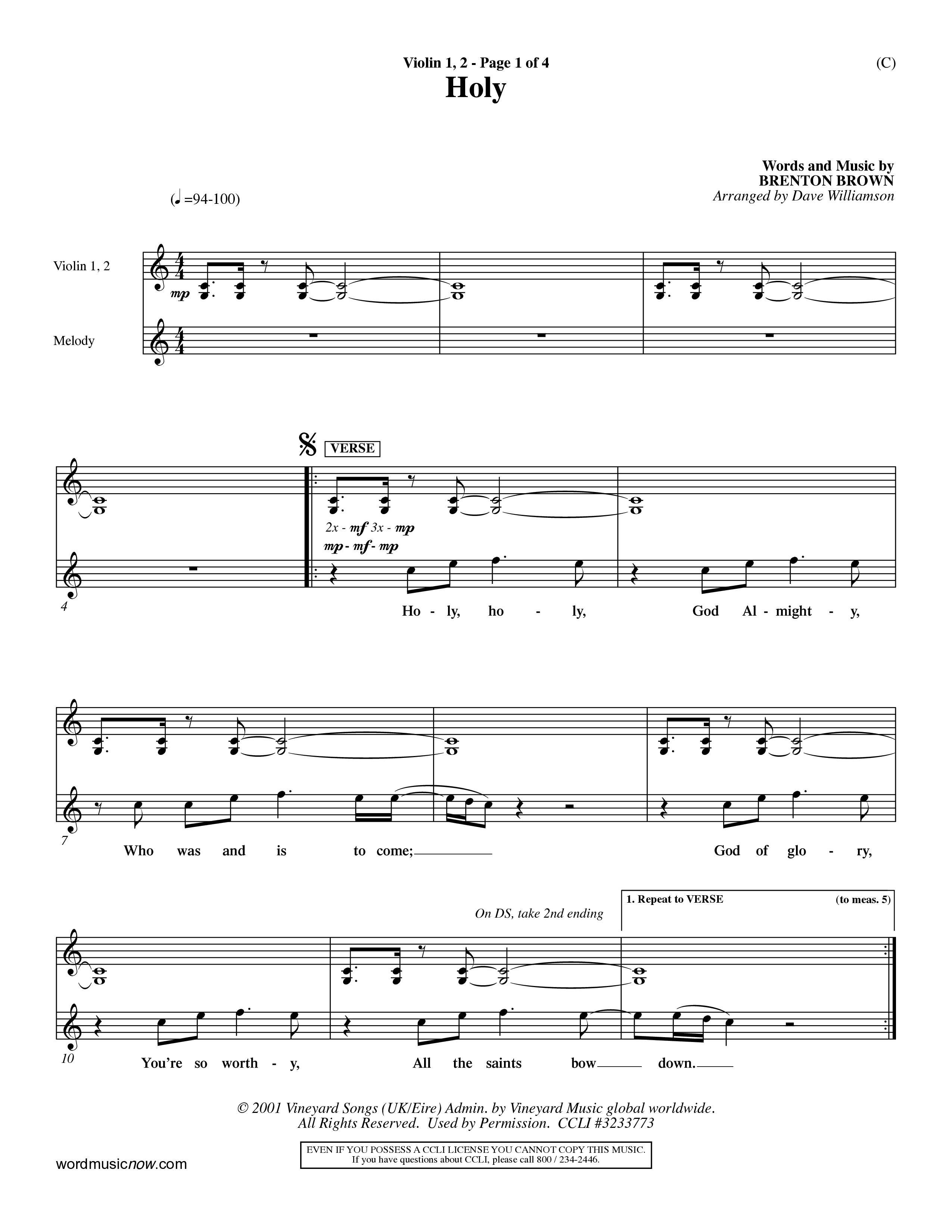 Holy (Choral Anthem SATB) Violin 1/2 (Word Music Choral / Arr. Dave Williamson)