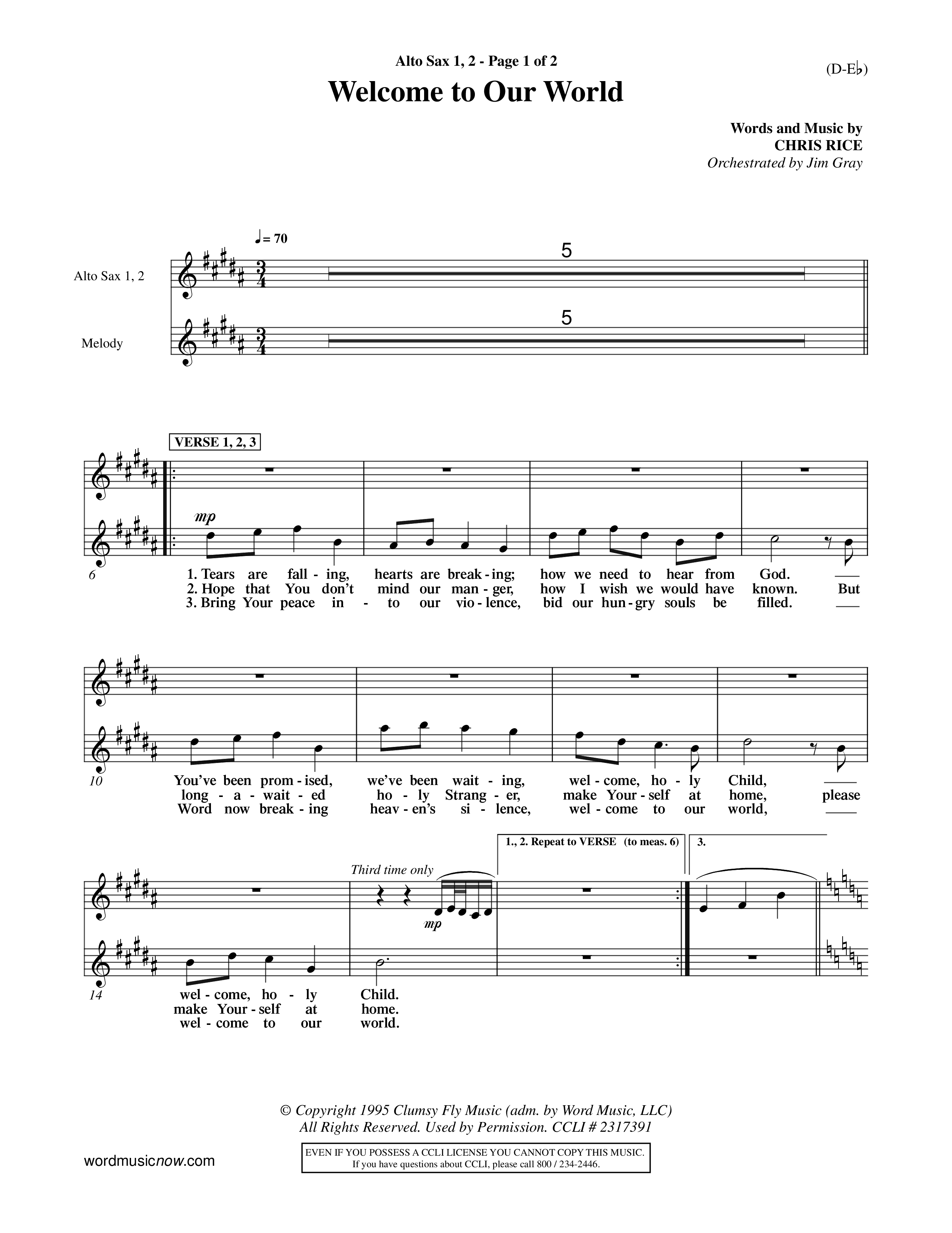 Welcome To Our World (Choral Anthem SATB) Alto Sax 1/2 (Word Music Choral / Orch. Jim Gray)