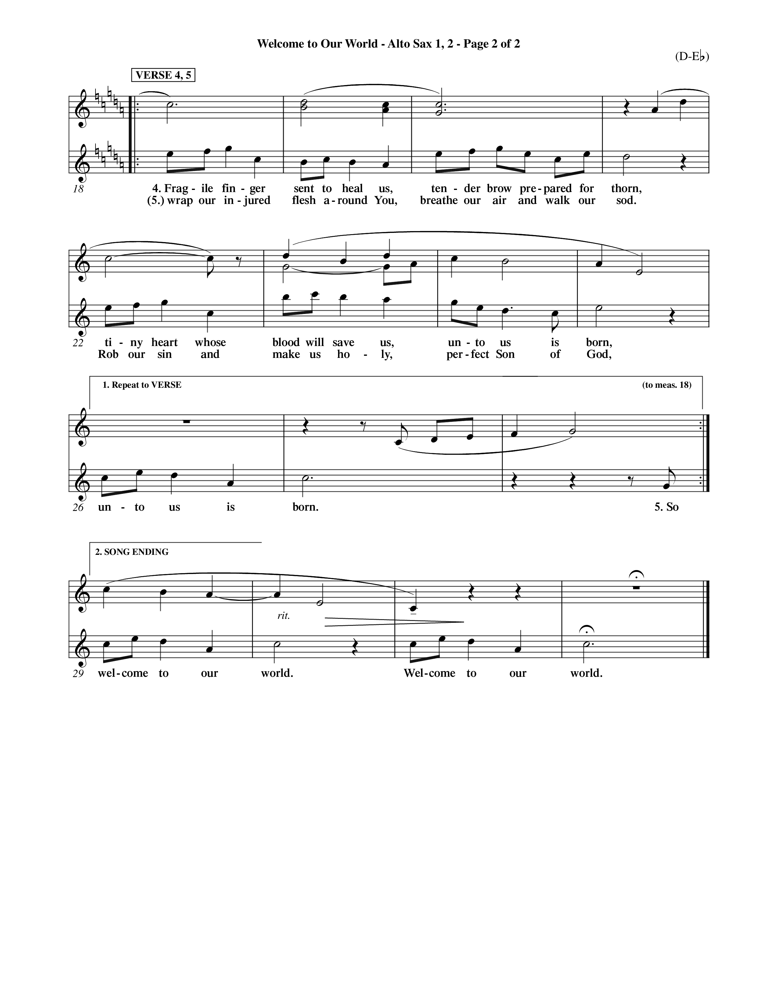 Welcome To Our World (Choral Anthem SATB) Alto Sax 1/2 (Word Music Choral / Orch. Jim Gray)