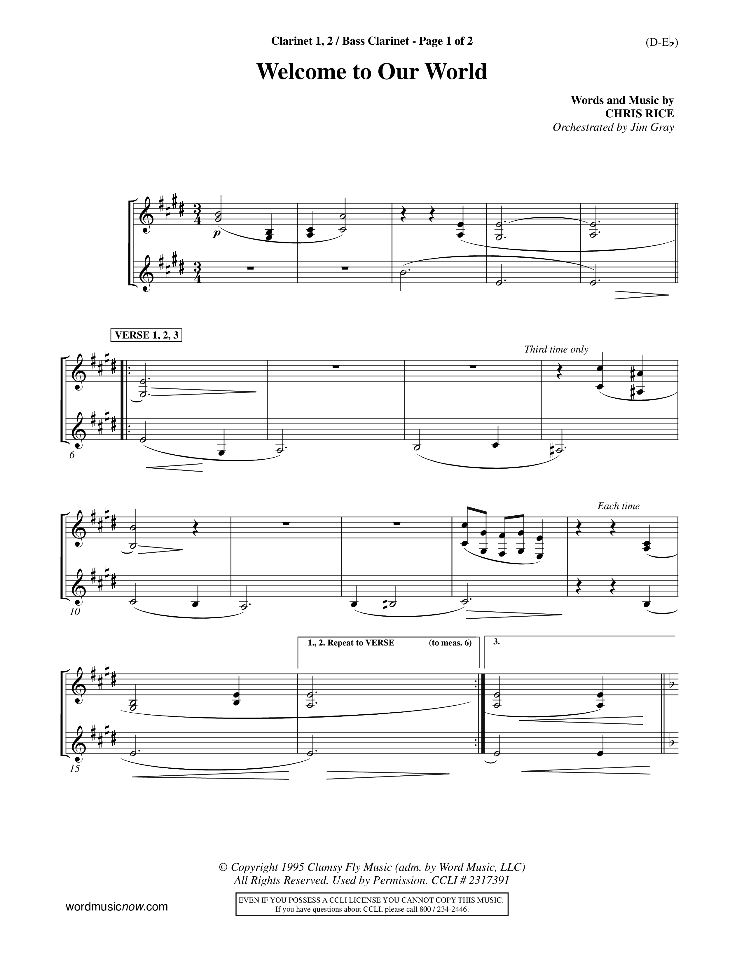 Welcome To Our World (Choral Anthem SATB) Clarinet 1/2, Bass Clarinet (Word Music Choral / Orch. Jim Gray)