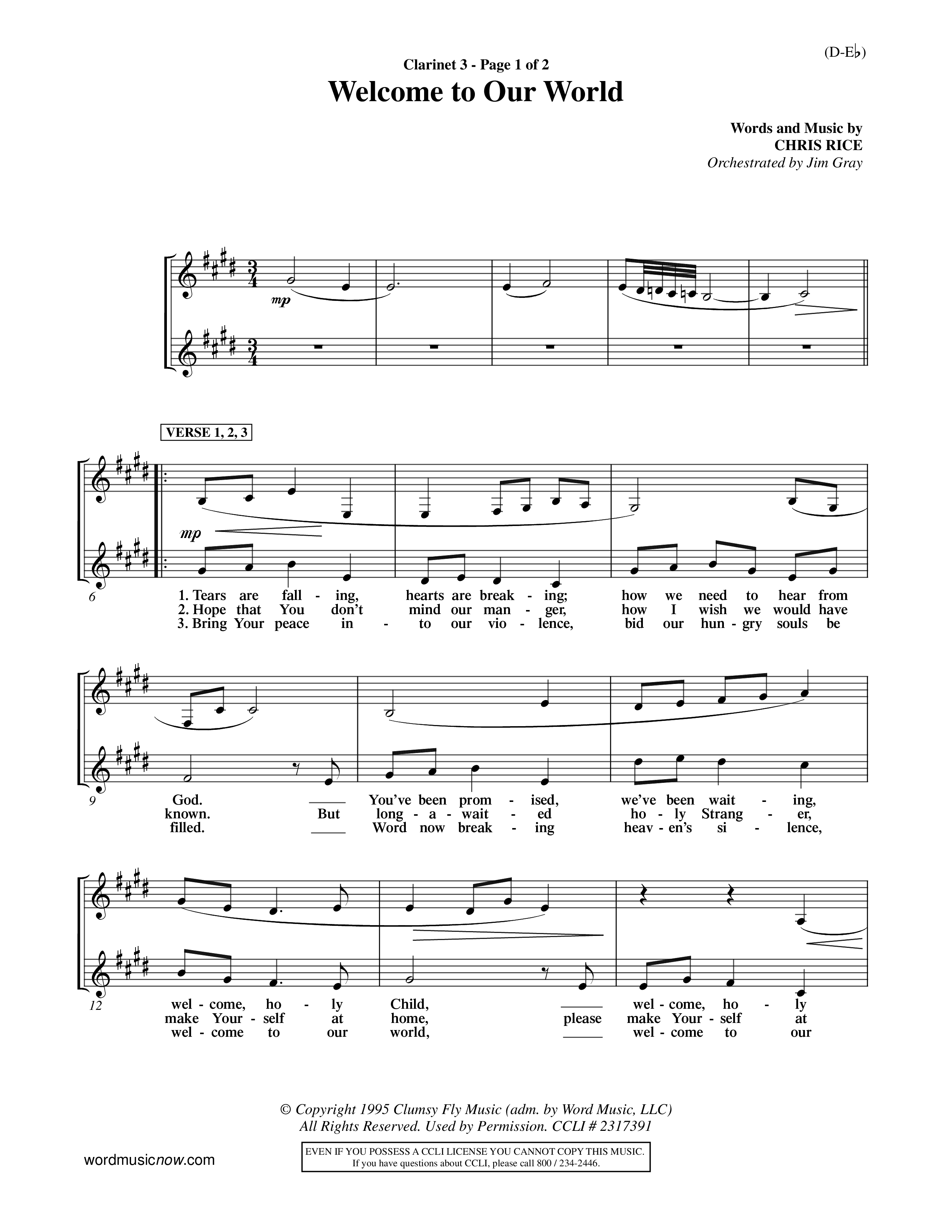 Welcome To Our World (Choral Anthem SATB) Clarinet 3 (Word Music Choral / Orch. Jim Gray)