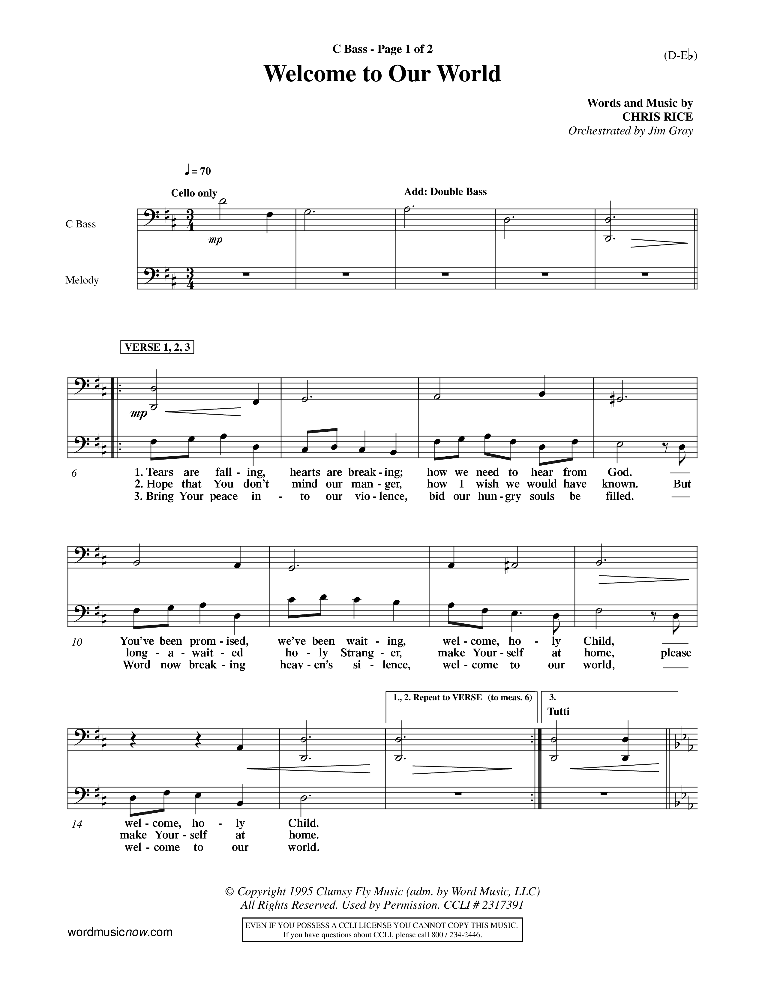 Welcome To Our World (Choral Anthem SATB) Contrabass (Word Music Choral / Orch. Jim Gray)