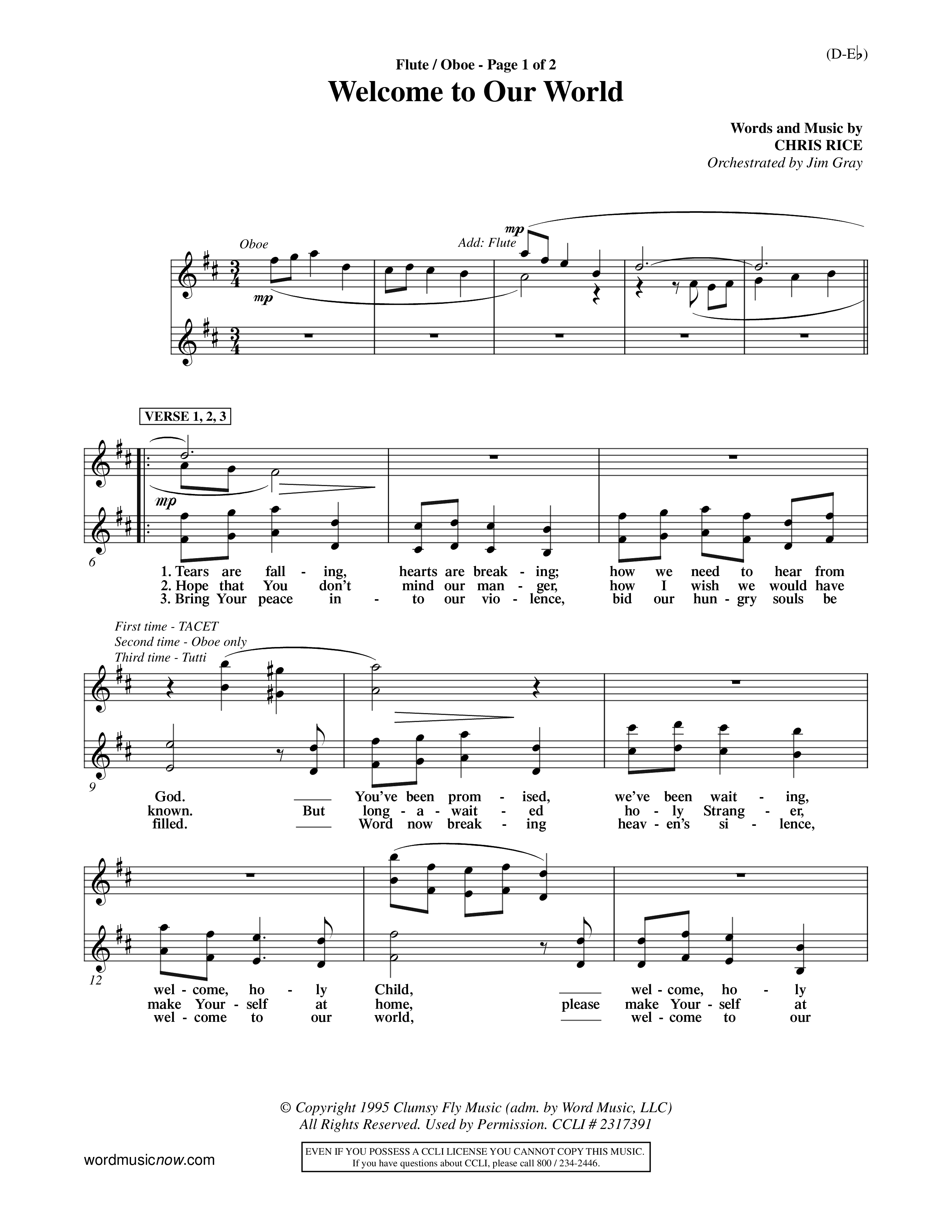 Welcome To Our World (Choral Anthem SATB) Flute/Oboe (Word Music Choral / Orch. Jim Gray)