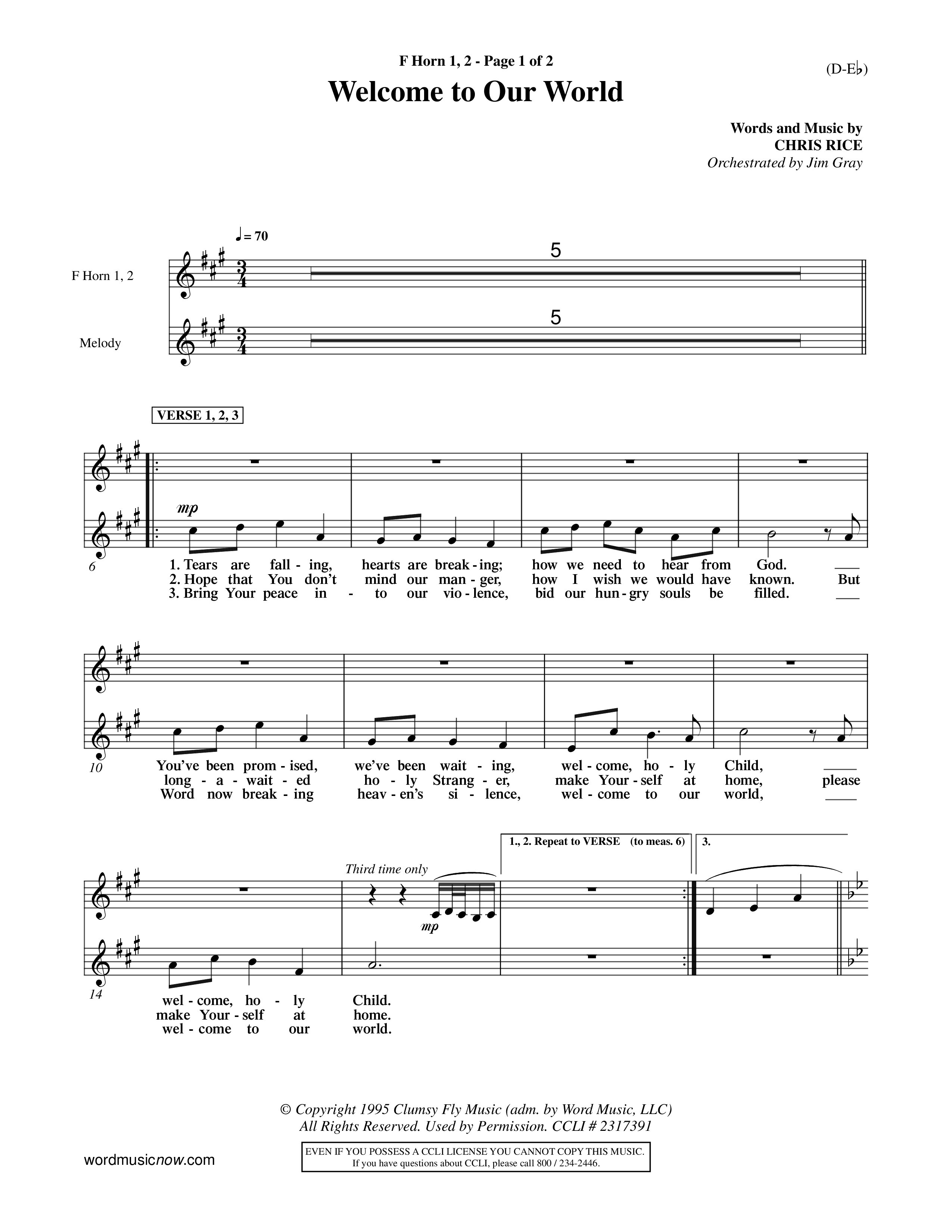 Welcome To Our World (Choral Anthem SATB) French Horn (Word Music Choral / Orch. Jim Gray)