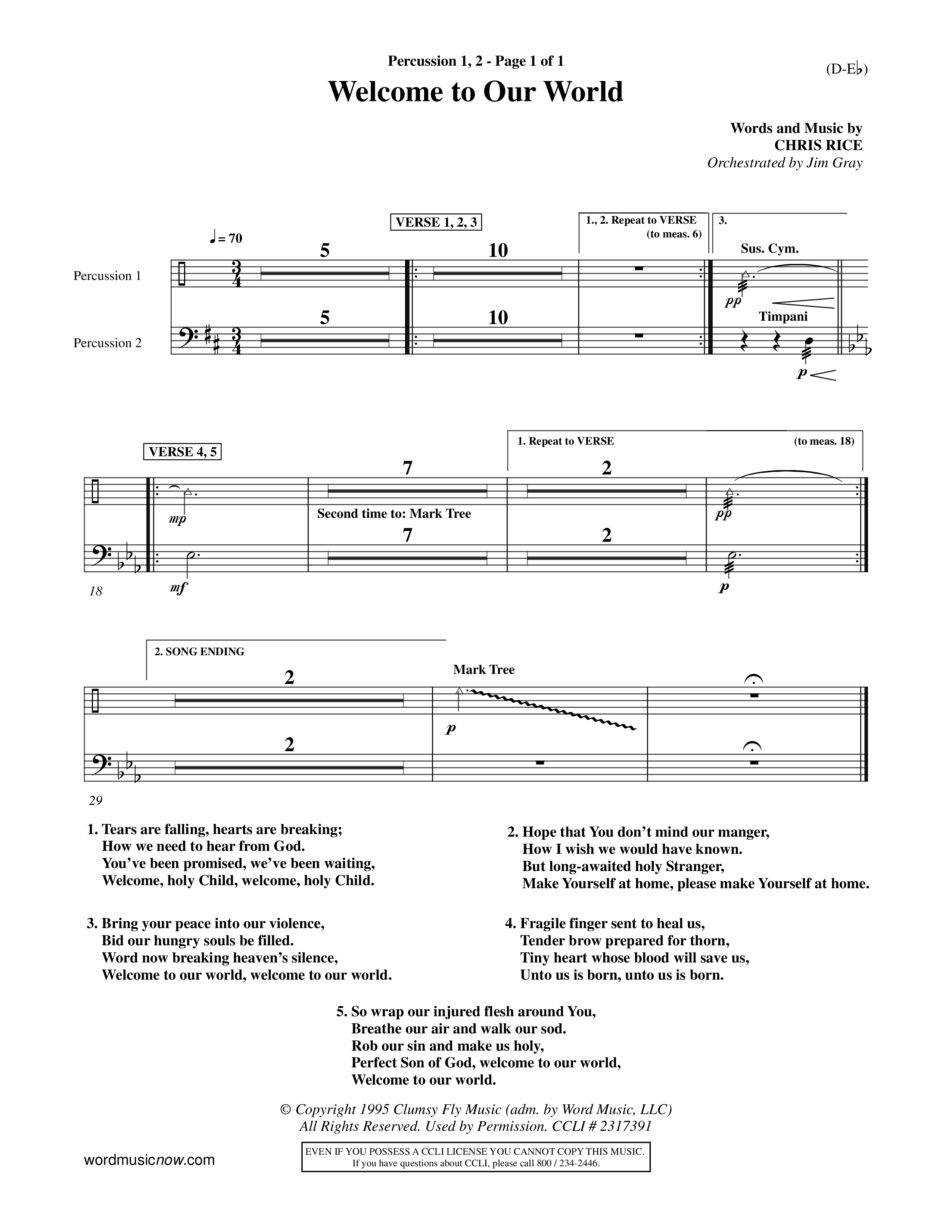 Welcome To Our World (Choral Anthem SATB) Percussion 1/2 (Word Music Choral / Orch. Jim Gray)