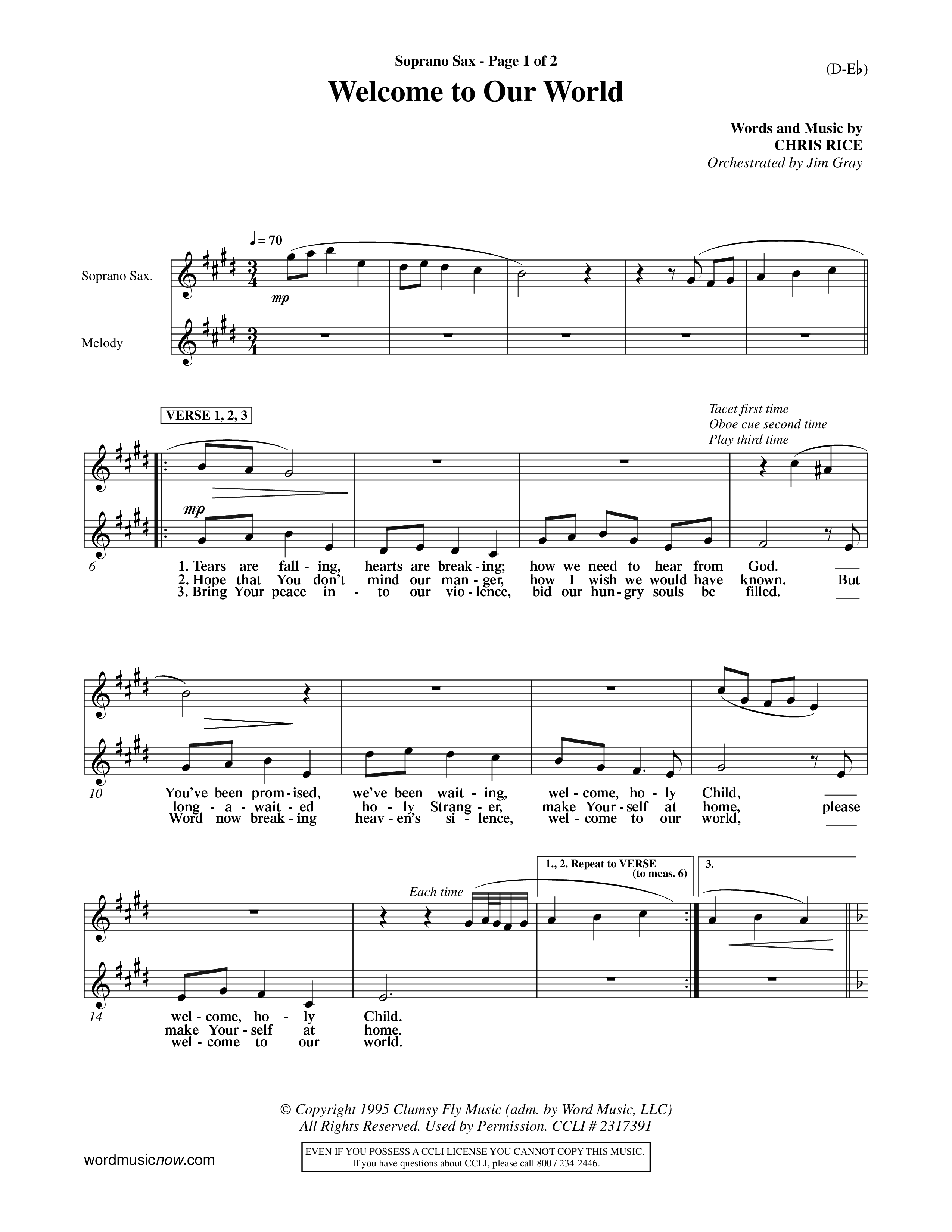 Welcome To Our World (Choral Anthem SATB) Saxophone (Word Music Choral / Orch. Jim Gray)