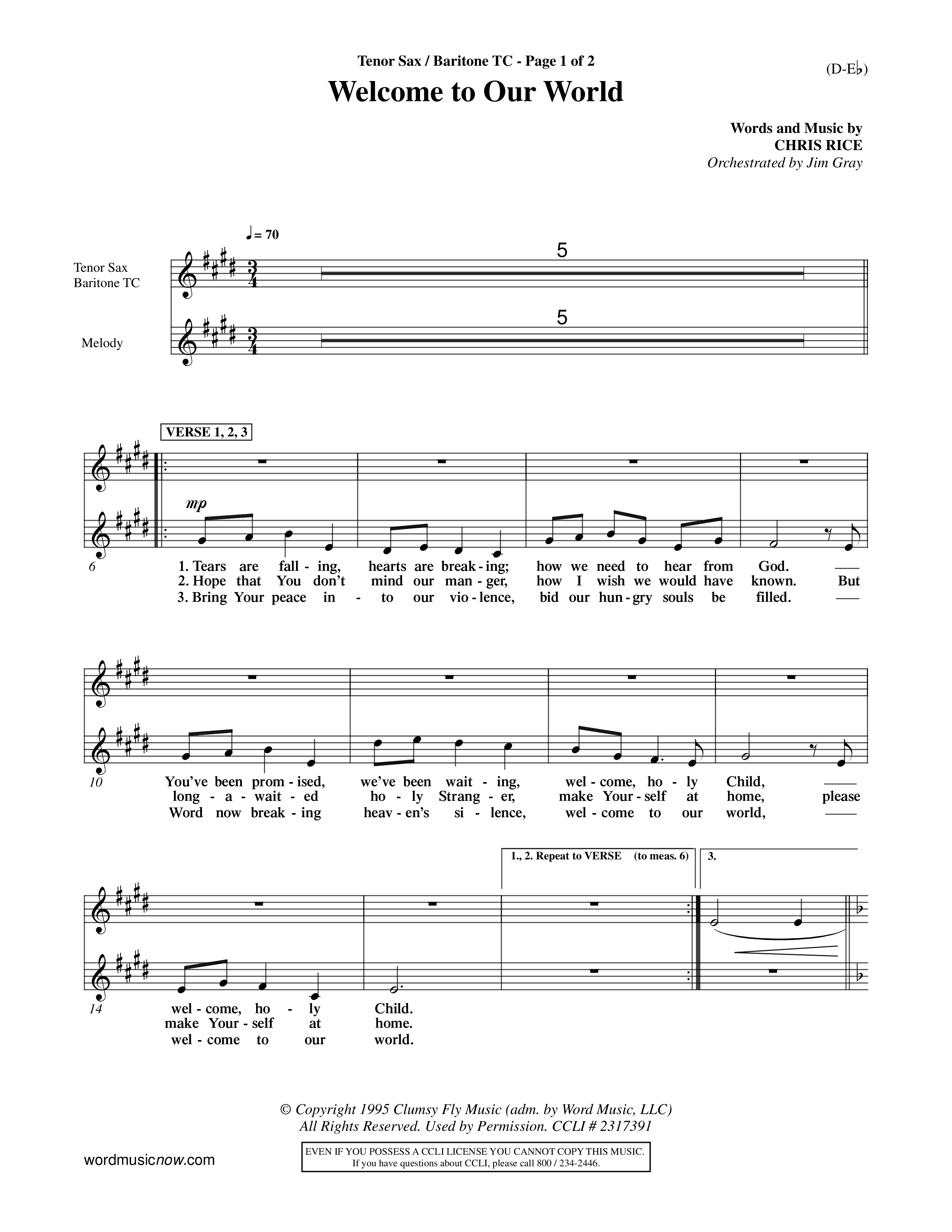 Welcome To Our World (Choral Anthem SATB) Tenor Sax/Baritone T.C. (Word Music Choral / Orch. Jim Gray)