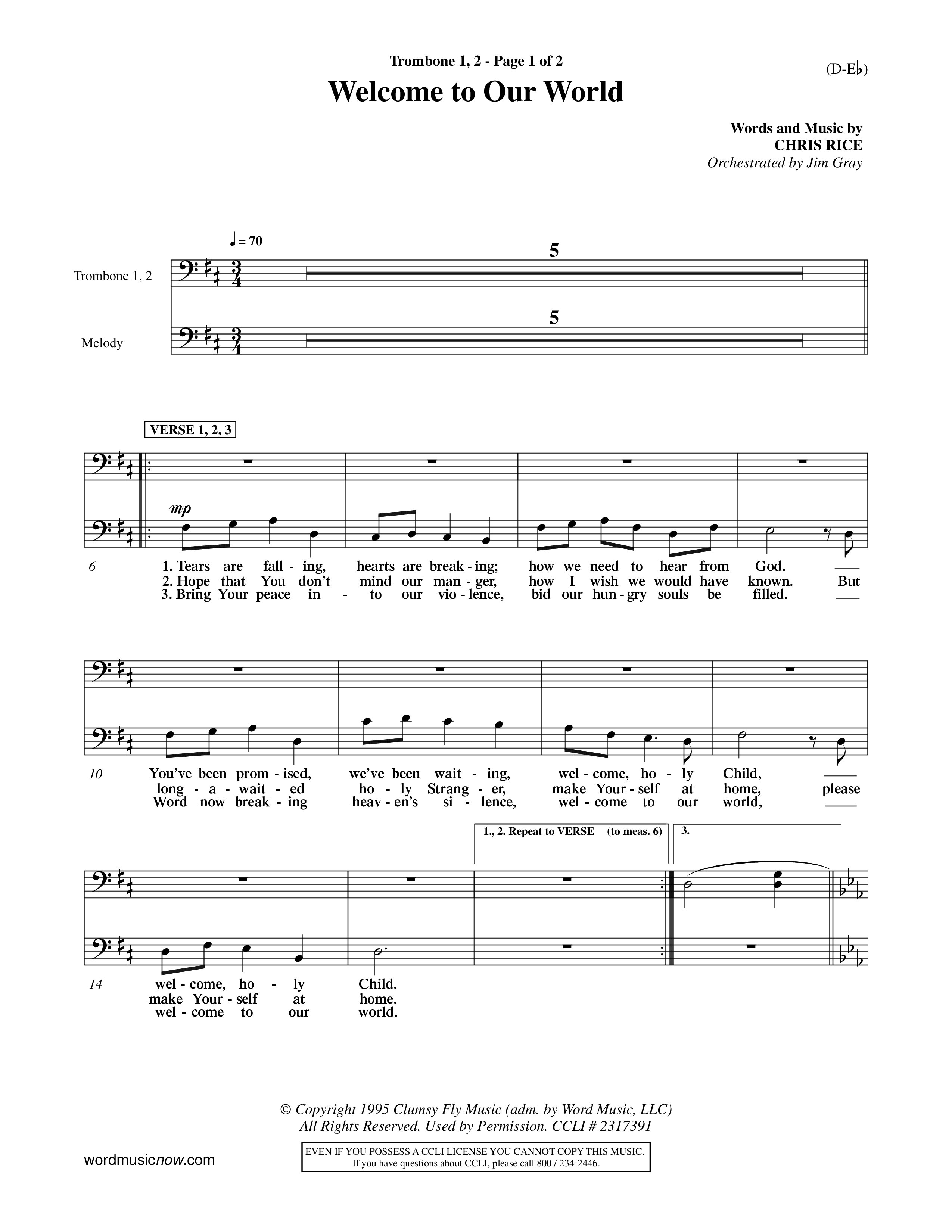 Welcome To Our World (Choral Anthem SATB) Trombone 1/2 (Word Music Choral / Orch. Jim Gray)