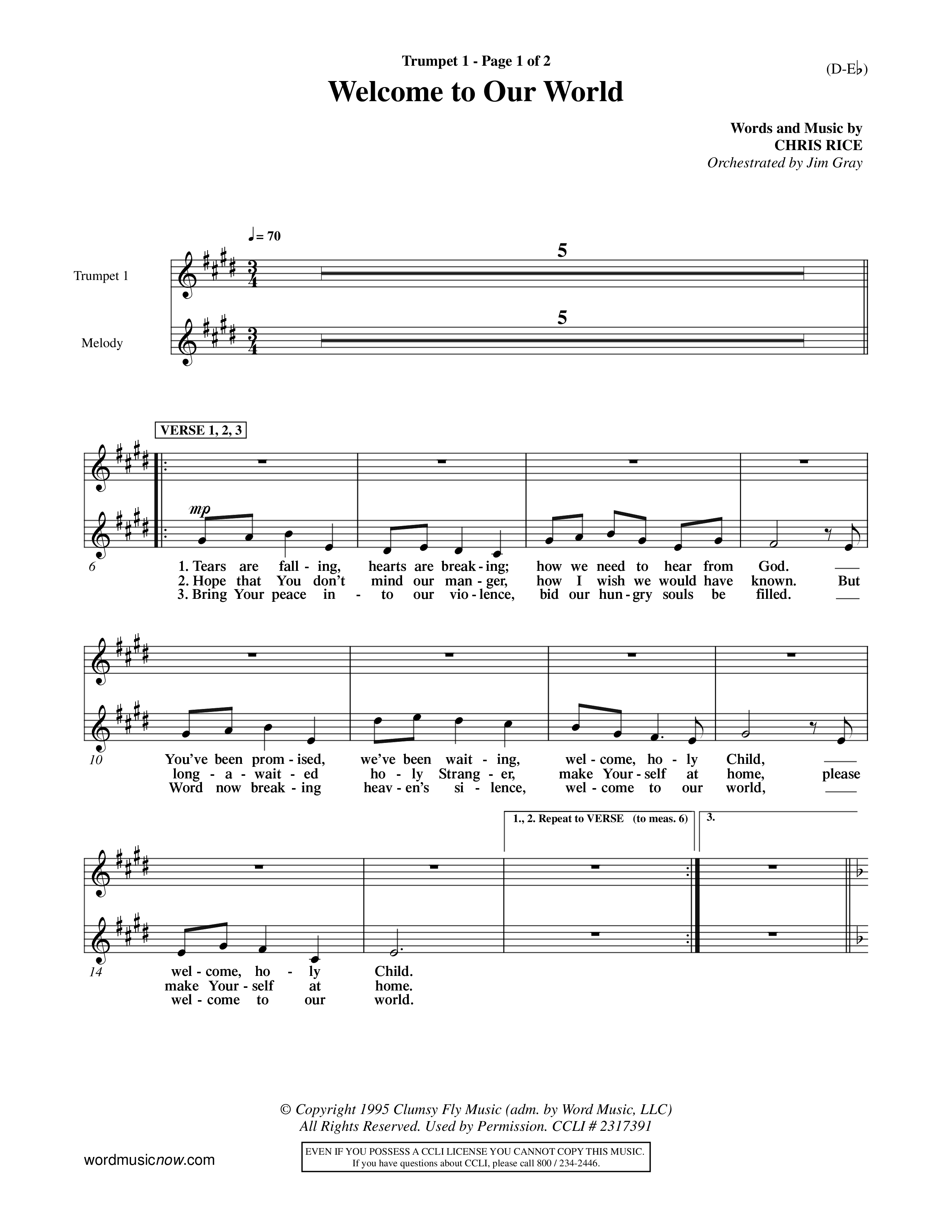 Welcome To Our World (Choral Anthem SATB) Trumpet 1 (Word Music Choral / Orch. Jim Gray)