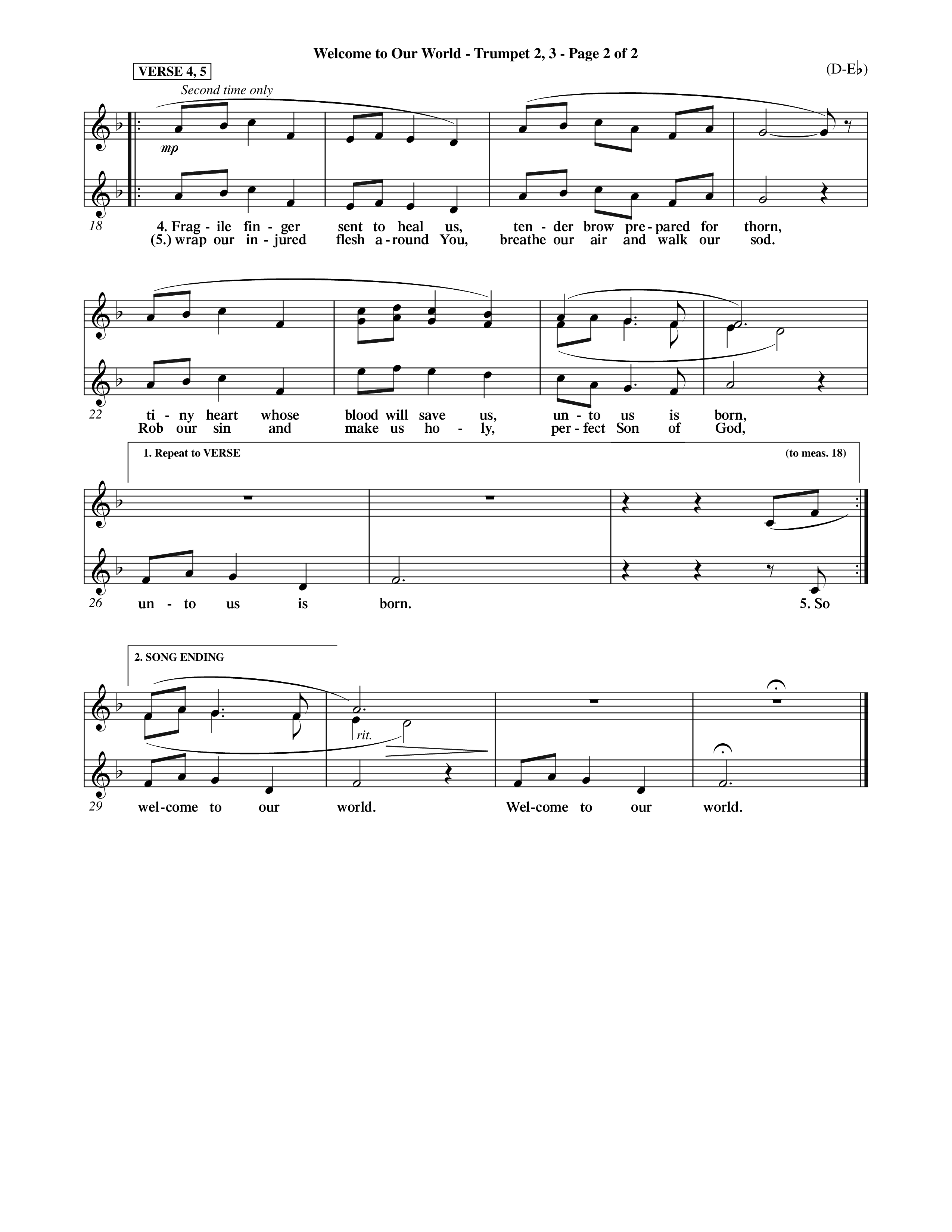 Welcome To Our World (Choral Anthem SATB) Trumpet 2/3 (Word Music Choral / Orch. Jim Gray)