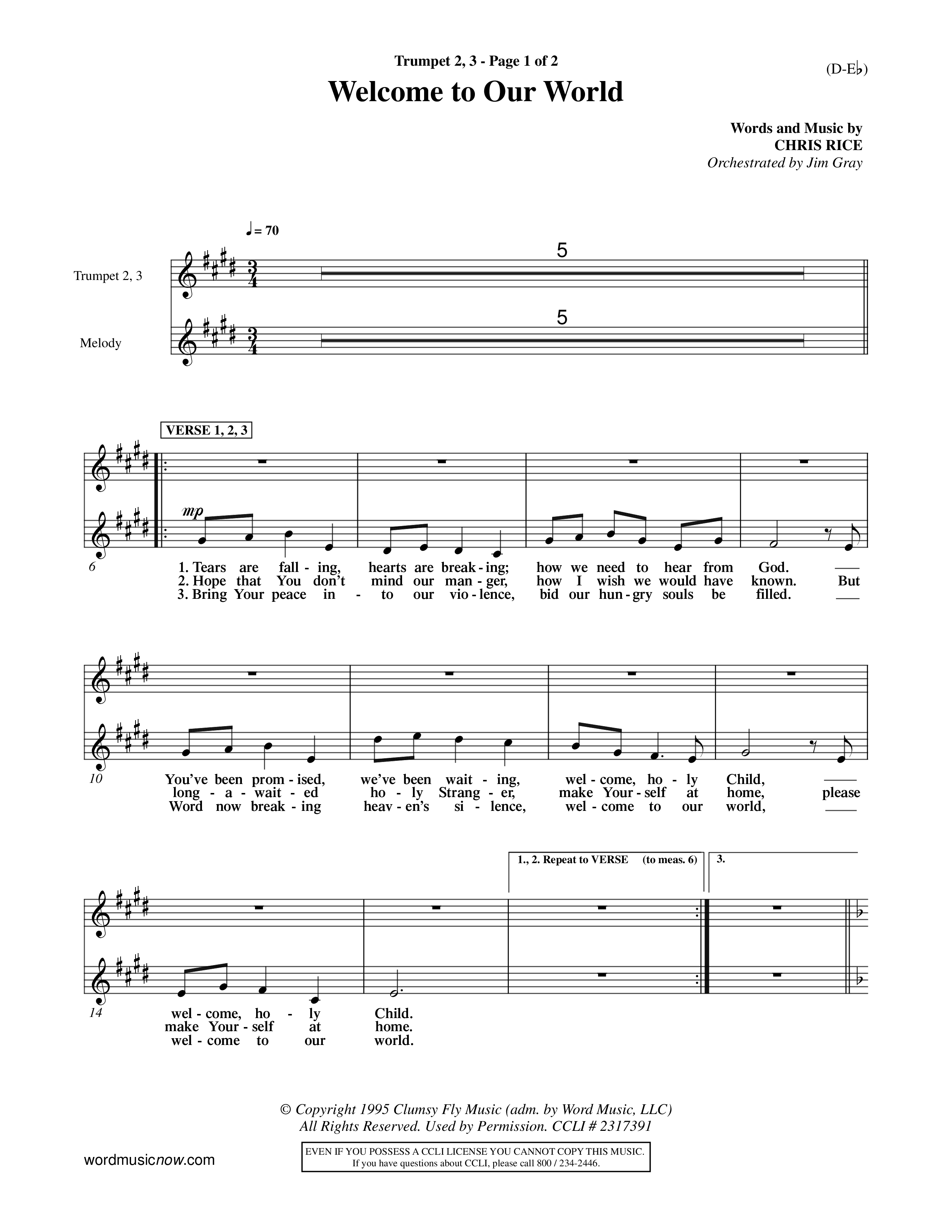 Welcome To Our World (Choral Anthem SATB) Trumpet 2/3 (Word Music Choral / Orch. Jim Gray)