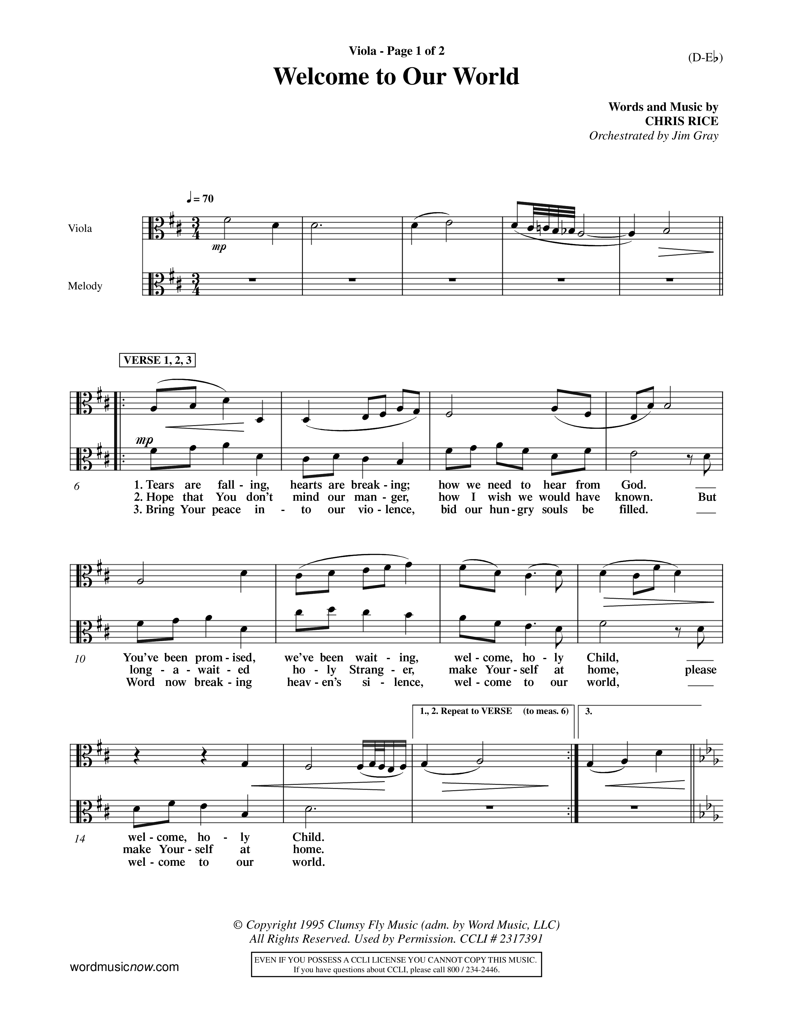 Welcome To Our World (Choral Anthem SATB) Viola (Word Music Choral / Orch. Jim Gray)