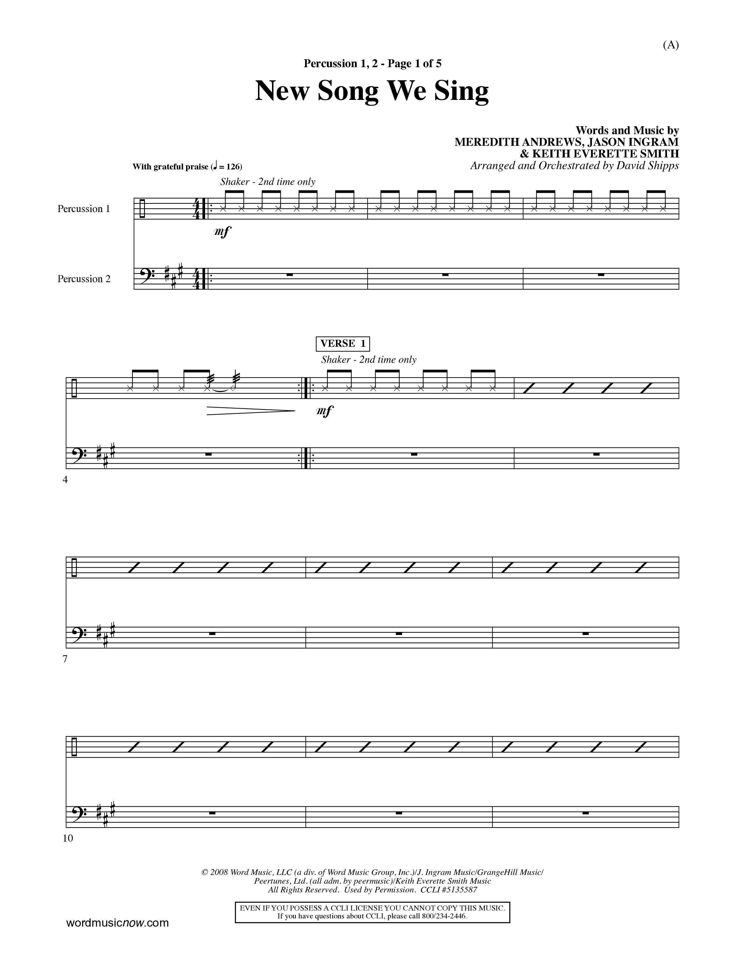 New Song We Sing (Choral Anthem SATB) Percussion 1/2 (Word Music Choral / Arr. David Shipps)