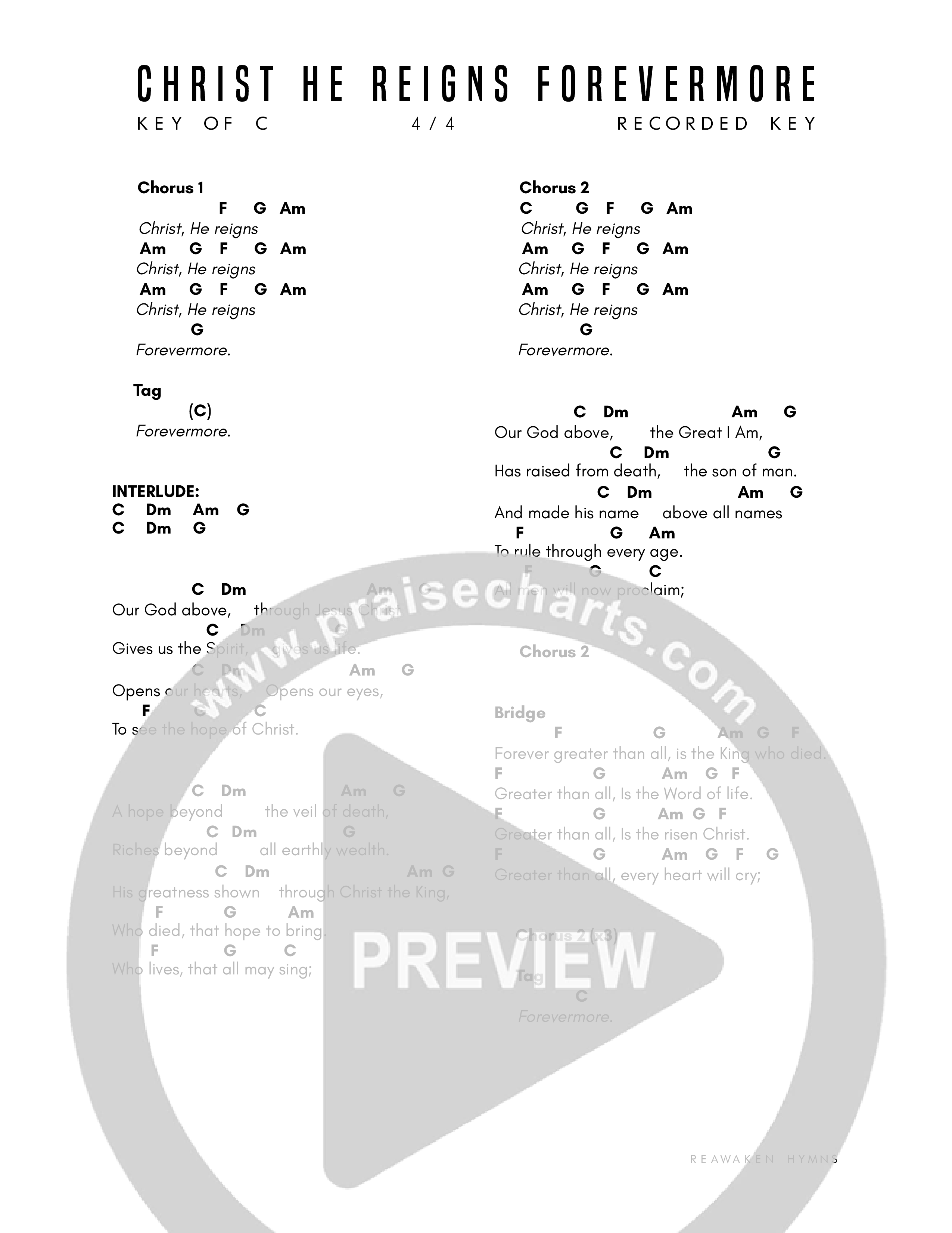 Christ He Reigns Forevermore Chord Chart (Reawaken Hymns)