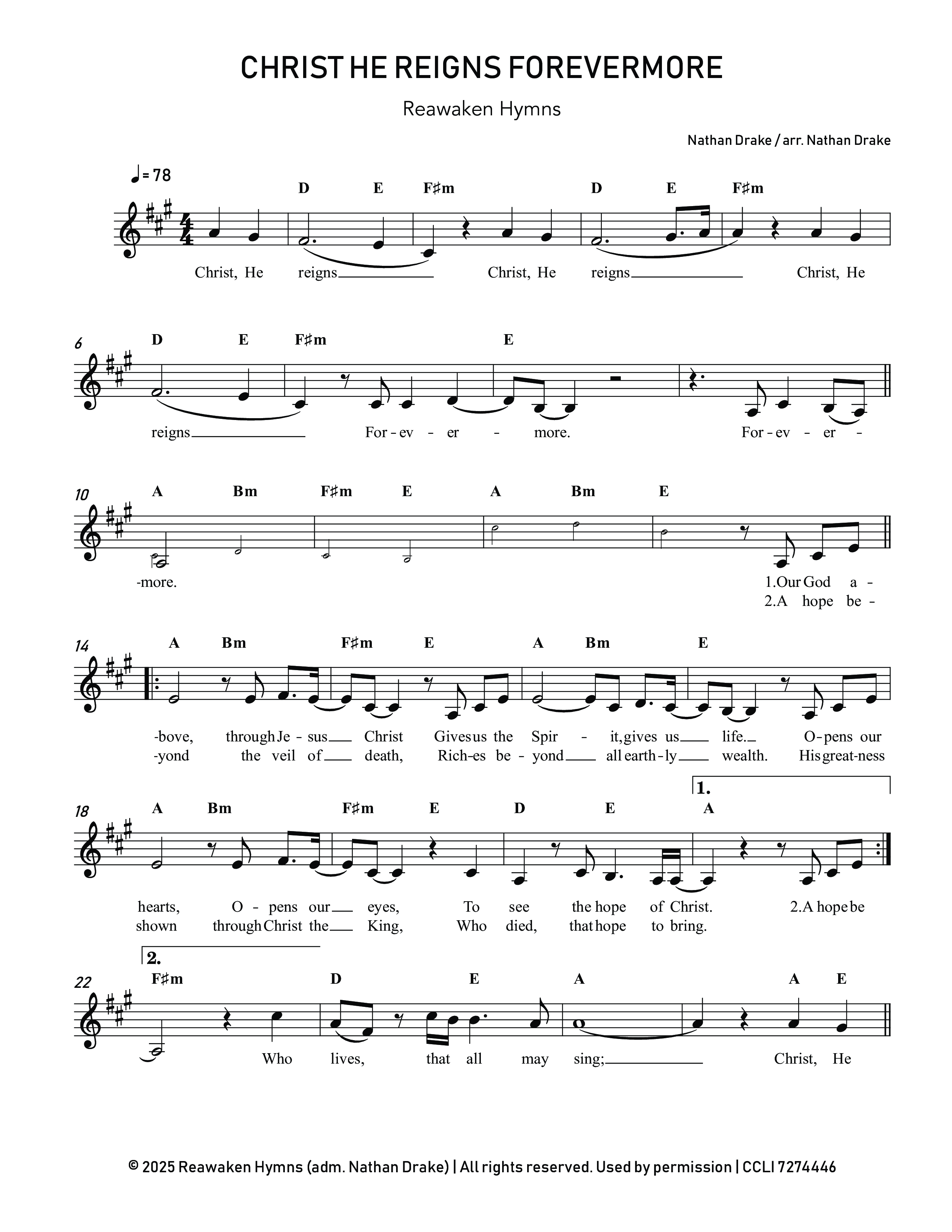 Christ He Reigns Forevermore Lead Sheet Melody (Reawaken Hymns)