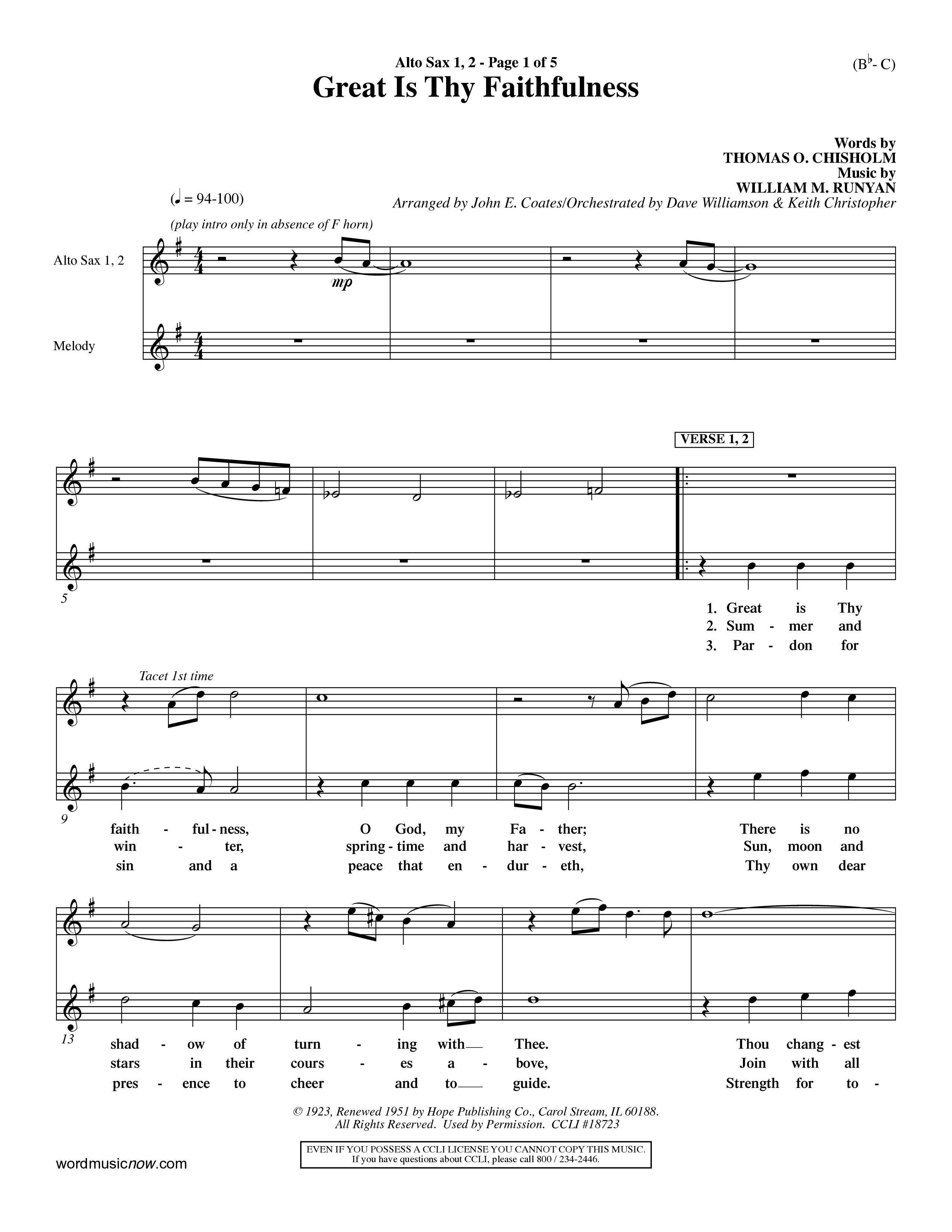 Great Is Thy Faithfulness (Choral Anthem SATB) Alto Sax 1/2 (Word Music Choral / Arr. John Coates / Orch. Dave Williamson / Orch. Keith Christopher)