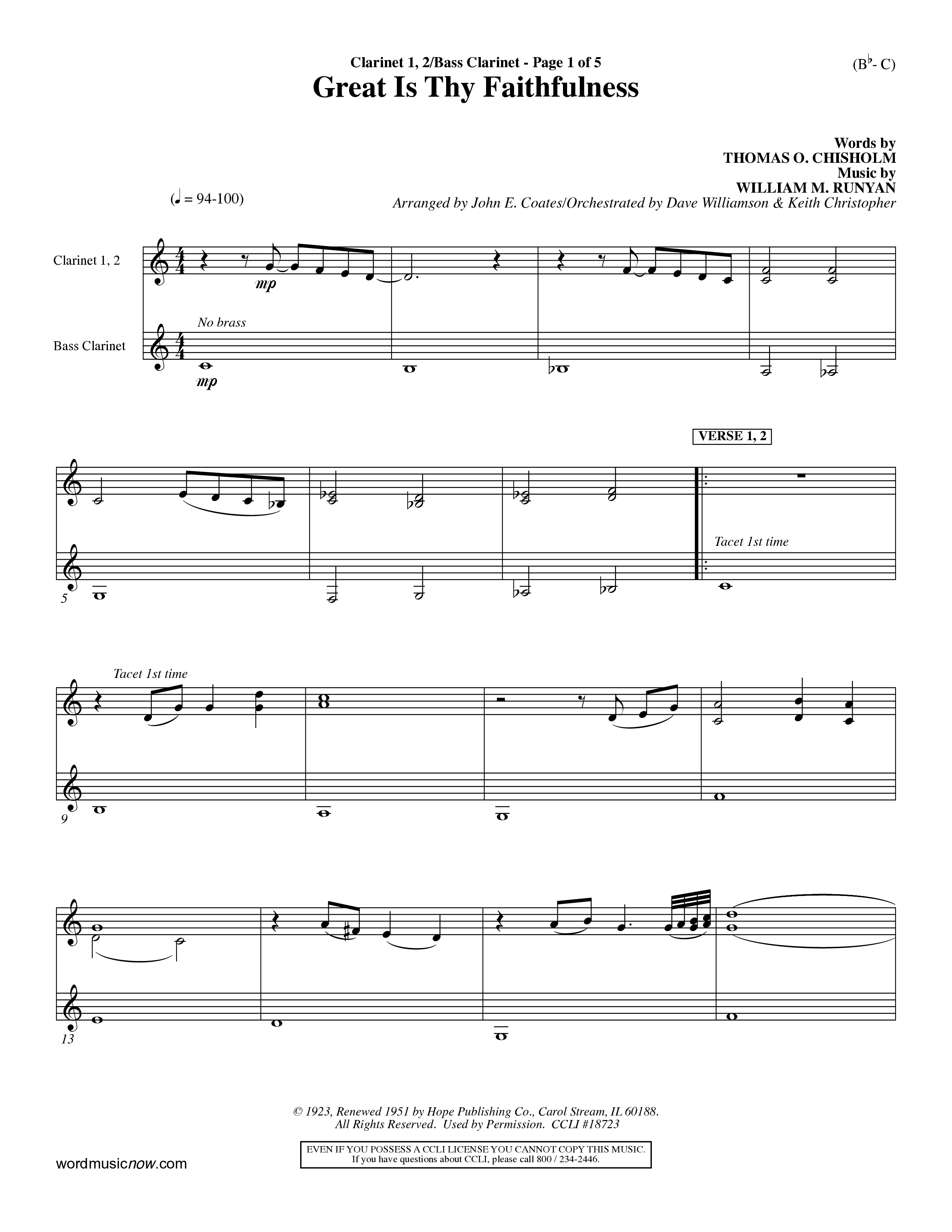 Great Is Thy Faithfulness (Choral Anthem SATB) Clarinet 1/2, Bass Clarinet (Word Music Choral / Arr. John Coates / Orch. Dave Williamson / Orch. Keith Christopher)