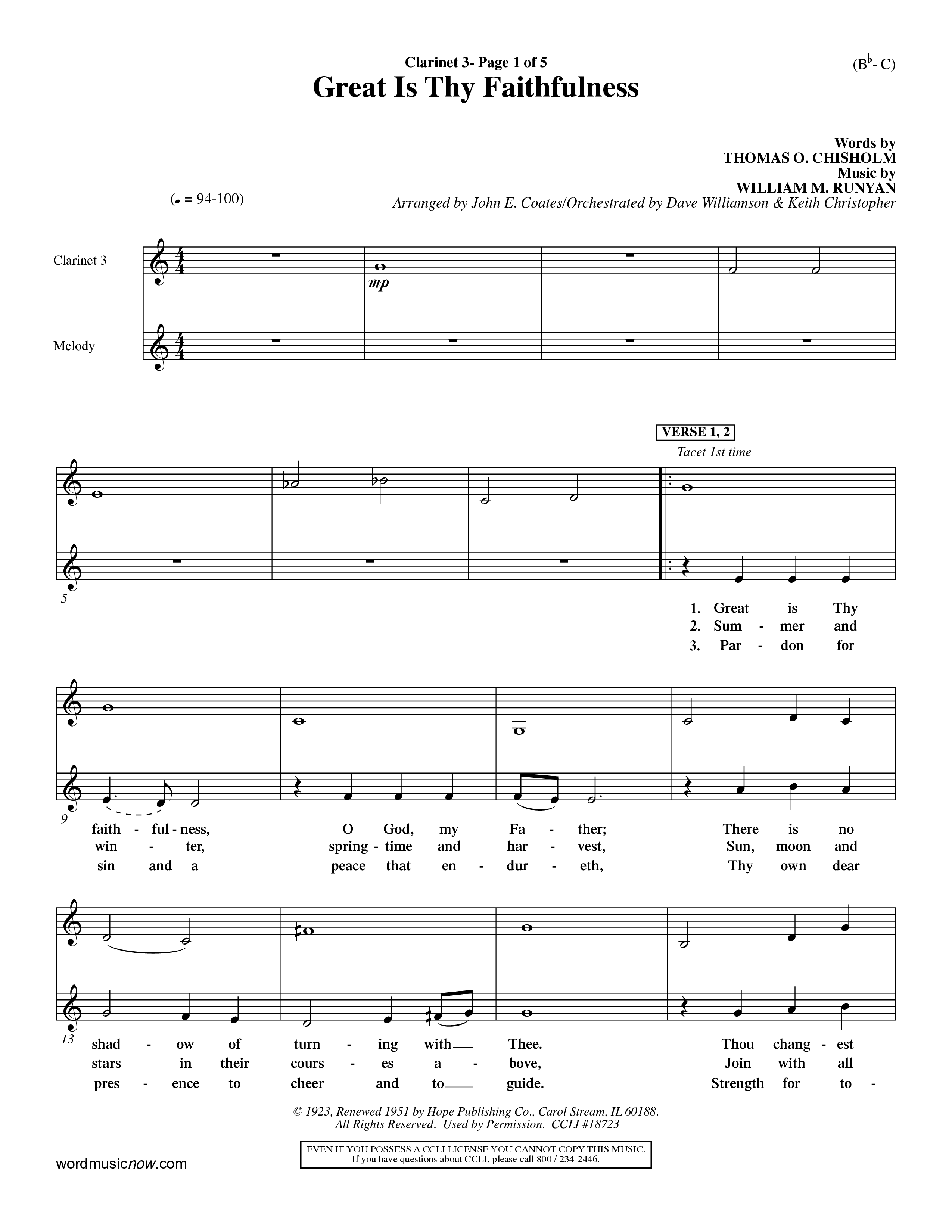 Great Is Thy Faithfulness (Choral Anthem SATB) Clarinet 3 (Word Music Choral / Arr. John Coates / Orch. Dave Williamson / Orch. Keith Christopher)