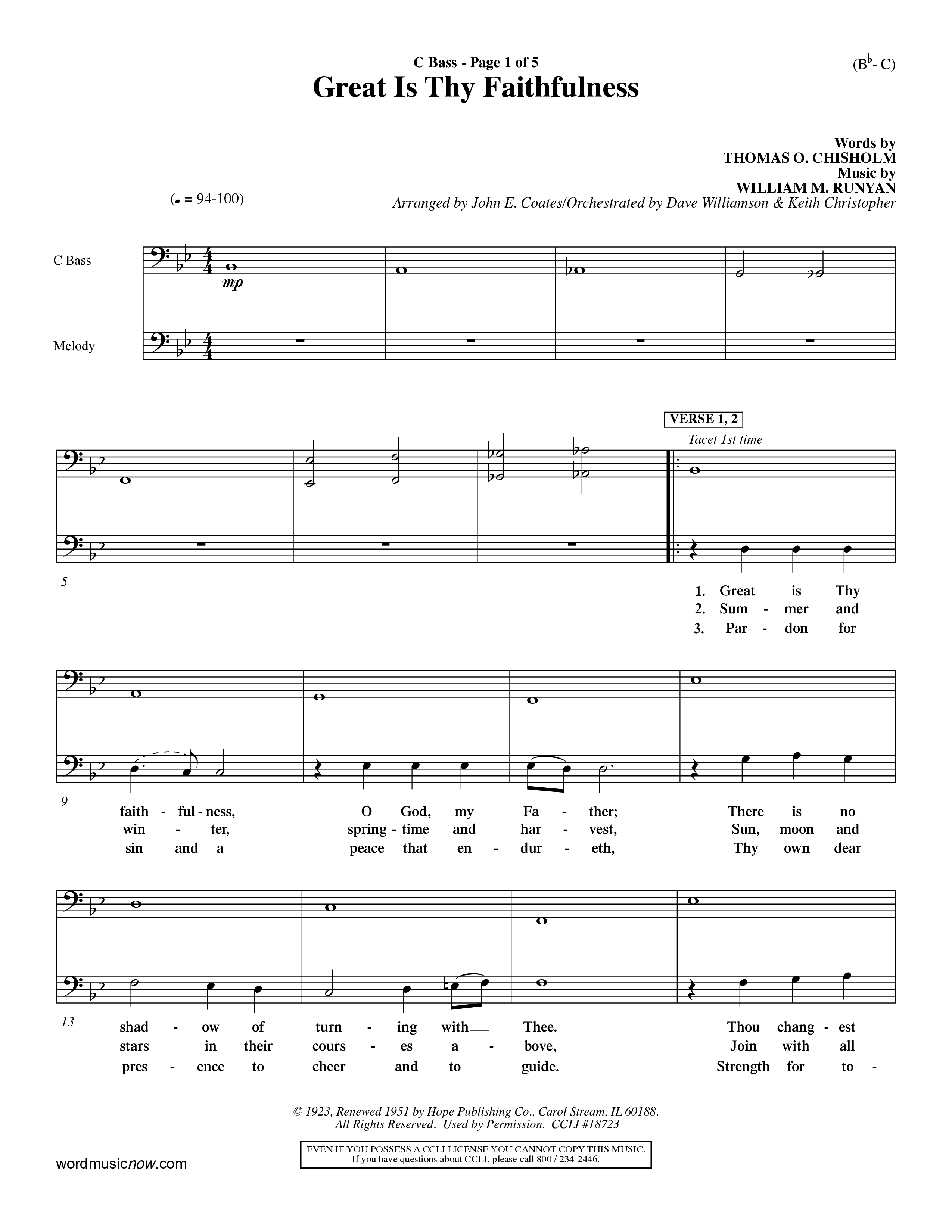 Great Is Thy Faithfulness (Choral Anthem SATB) Contrabass (Word Music Choral / Arr. John Coates / Orch. Dave Williamson / Orch. Keith Christopher)