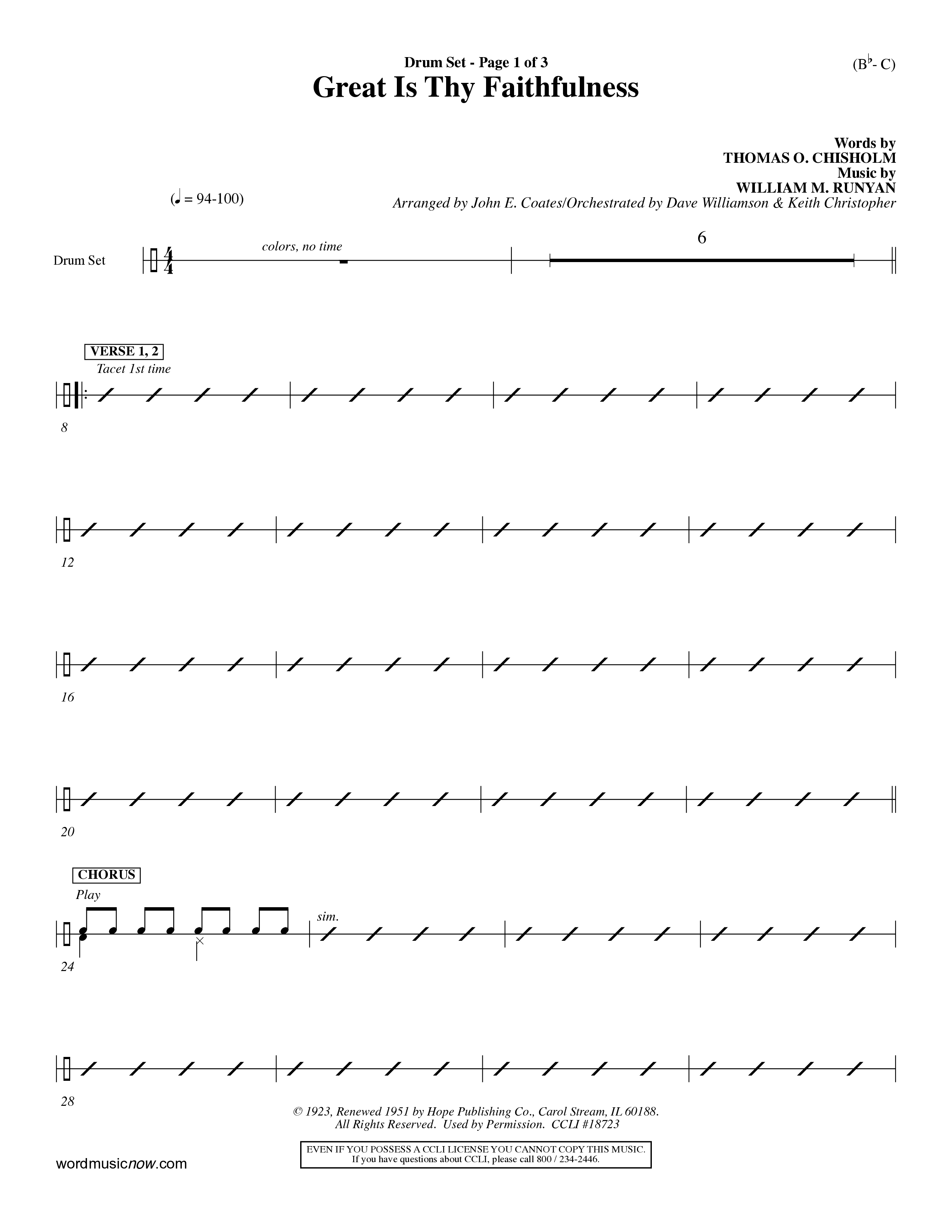Great Is Thy Faithfulness (Choral Anthem SATB) Drum Set (Word Music Choral / Arr. John Coates / Orch. Dave Williamson / Orch. Keith Christopher)