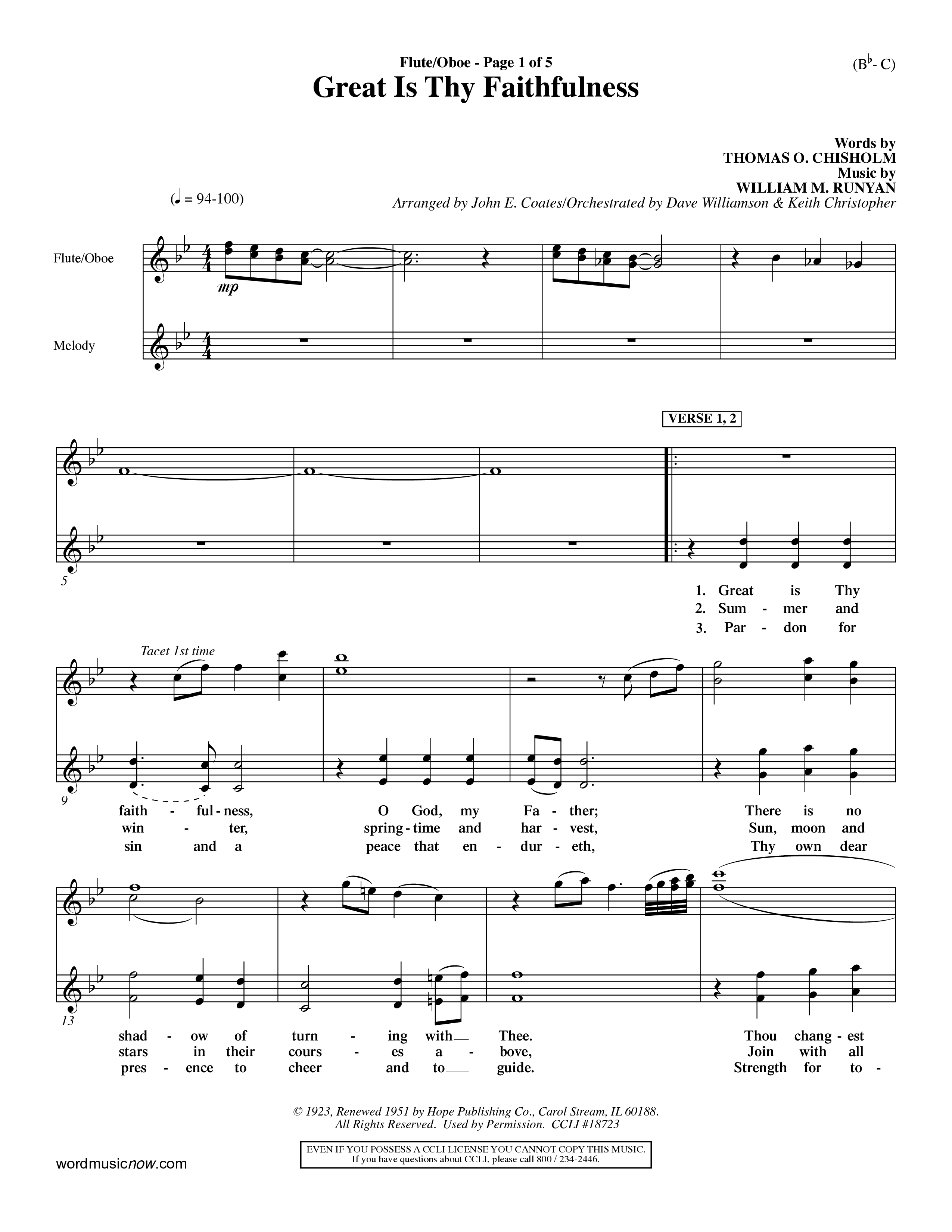 Great Is Thy Faithfulness (Choral Anthem SATB) Flute/Oboe (Word Music Choral / Arr. John Coates / Orch. Dave Williamson / Orch. Keith Christopher)