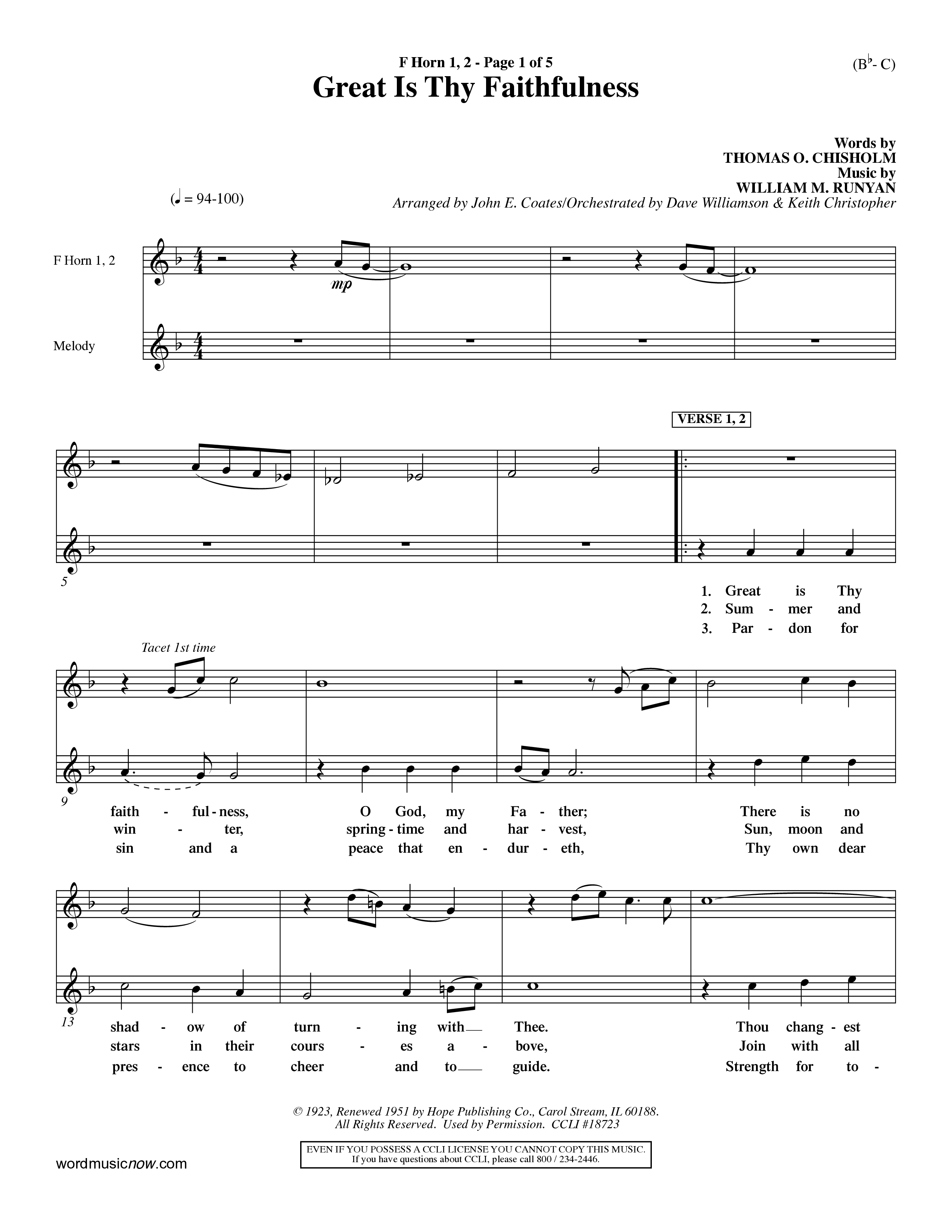 Great Is Thy Faithfulness (Choral Anthem SATB) French Horn (Word Music Choral / Arr. John Coates / Orch. Dave Williamson / Orch. Keith Christopher)