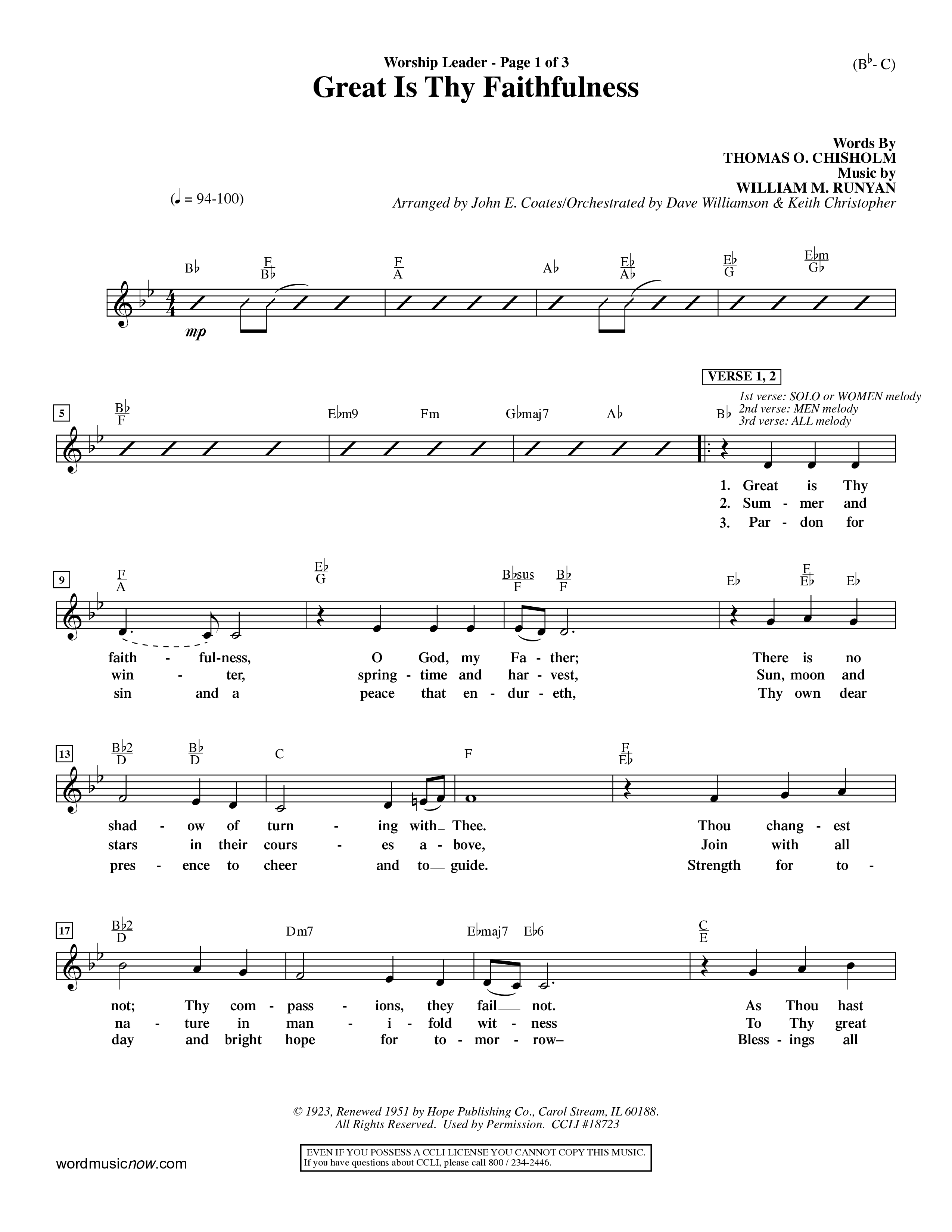 Great Is Thy Faithfulness (Choral Anthem SATB) Lead Sheet (Mel) (Word Music Choral / Arr. John Coates / Orch. Dave Williamson / Orch. Keith Christopher)