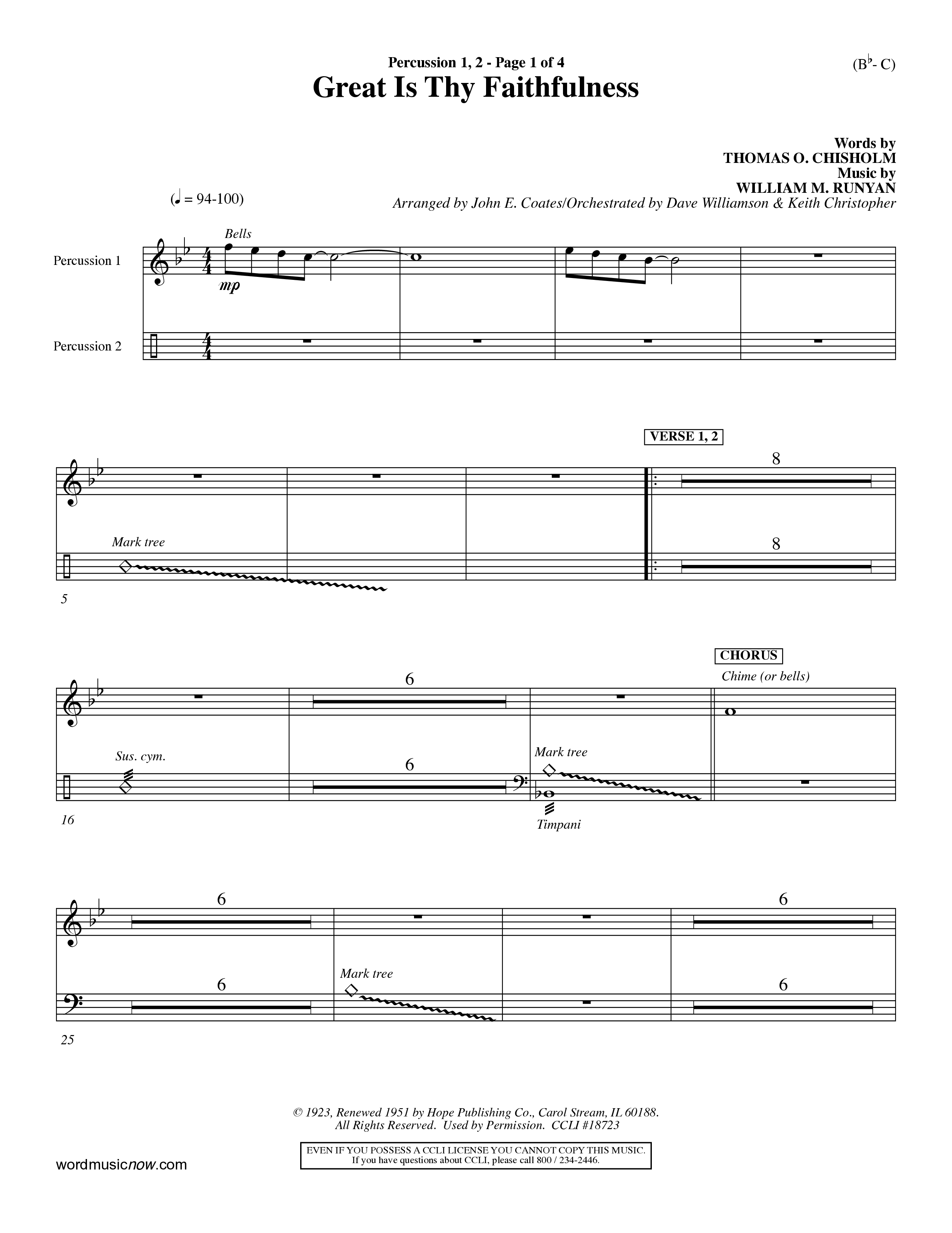Great Is Thy Faithfulness (Choral Anthem SATB) Percussion 1/2 (Word Music Choral / Arr. John Coates / Orch. Dave Williamson / Orch. Keith Christopher)