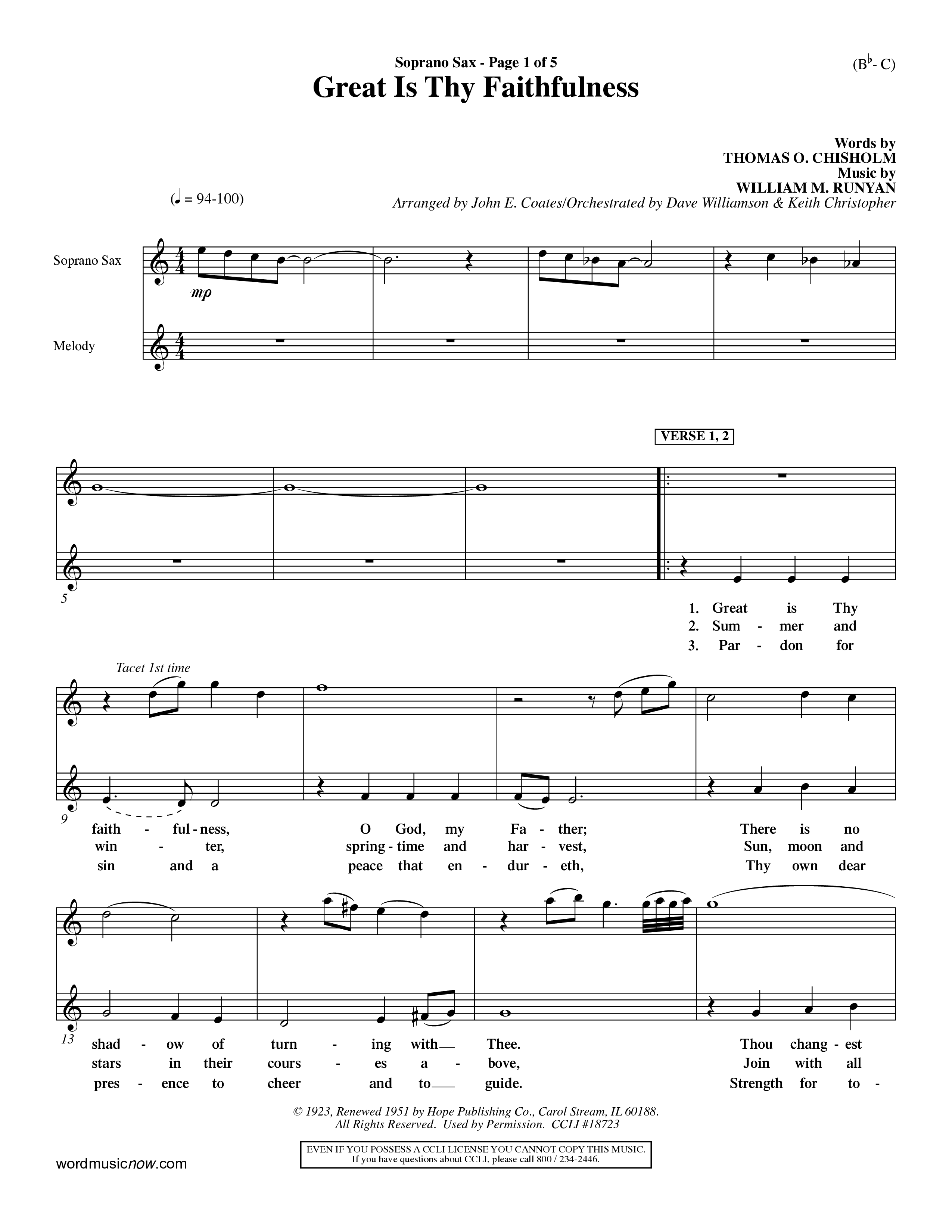 Great Is Thy Faithfulness (Choral Anthem SATB) Saxophone (Word Music Choral / Arr. John Coates / Orch. Dave Williamson / Orch. Keith Christopher)