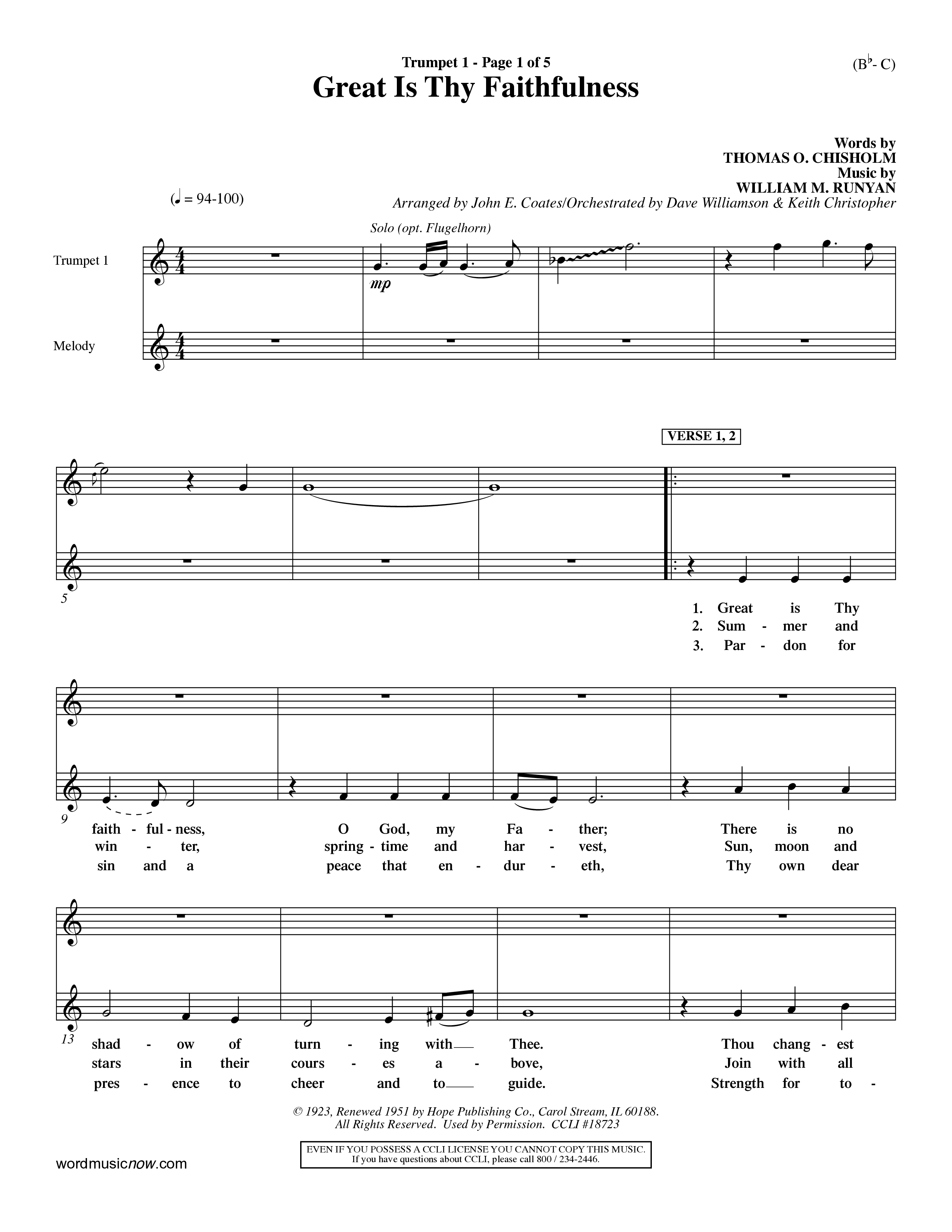 Great Is Thy Faithfulness (Choral Anthem SATB) Trumpet 1 (Word Music Choral / Arr. John Coates / Orch. Dave Williamson / Orch. Keith Christopher)