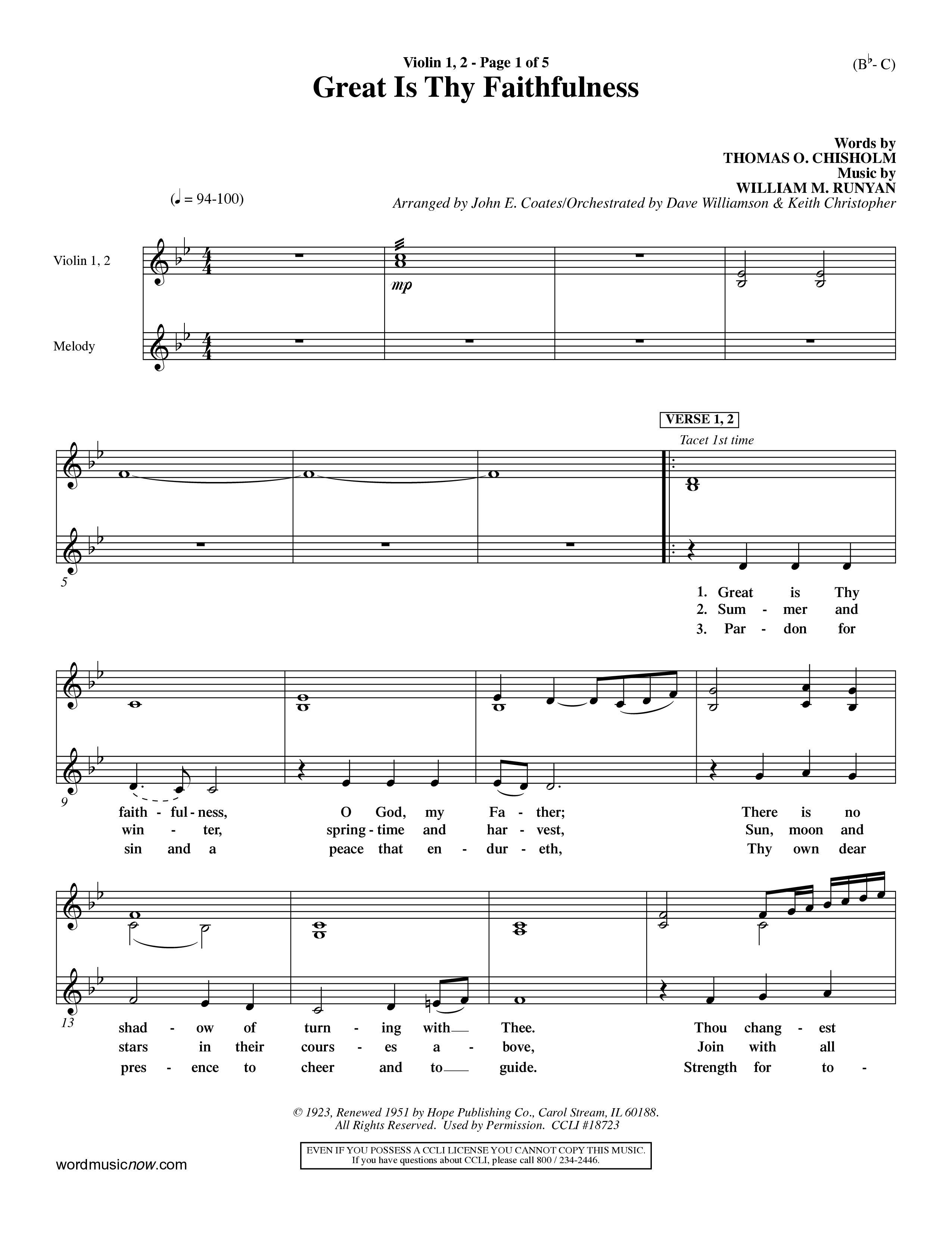 Great Is Thy Faithfulness (Choral Anthem SATB) Violin 1/2 (Word Music Choral / Arr. John Coates / Orch. Dave Williamson / Orch. Keith Christopher)