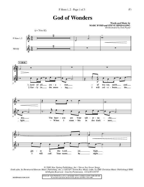 God Of Wonders French Horn 1/2 (Mark Byrd)