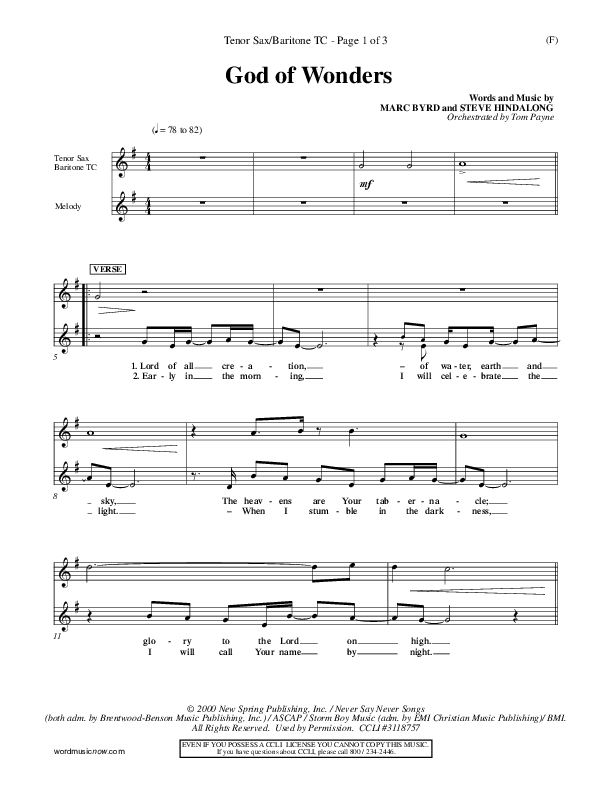 God Of Wonders Tenor Sax 1 (Mark Byrd)