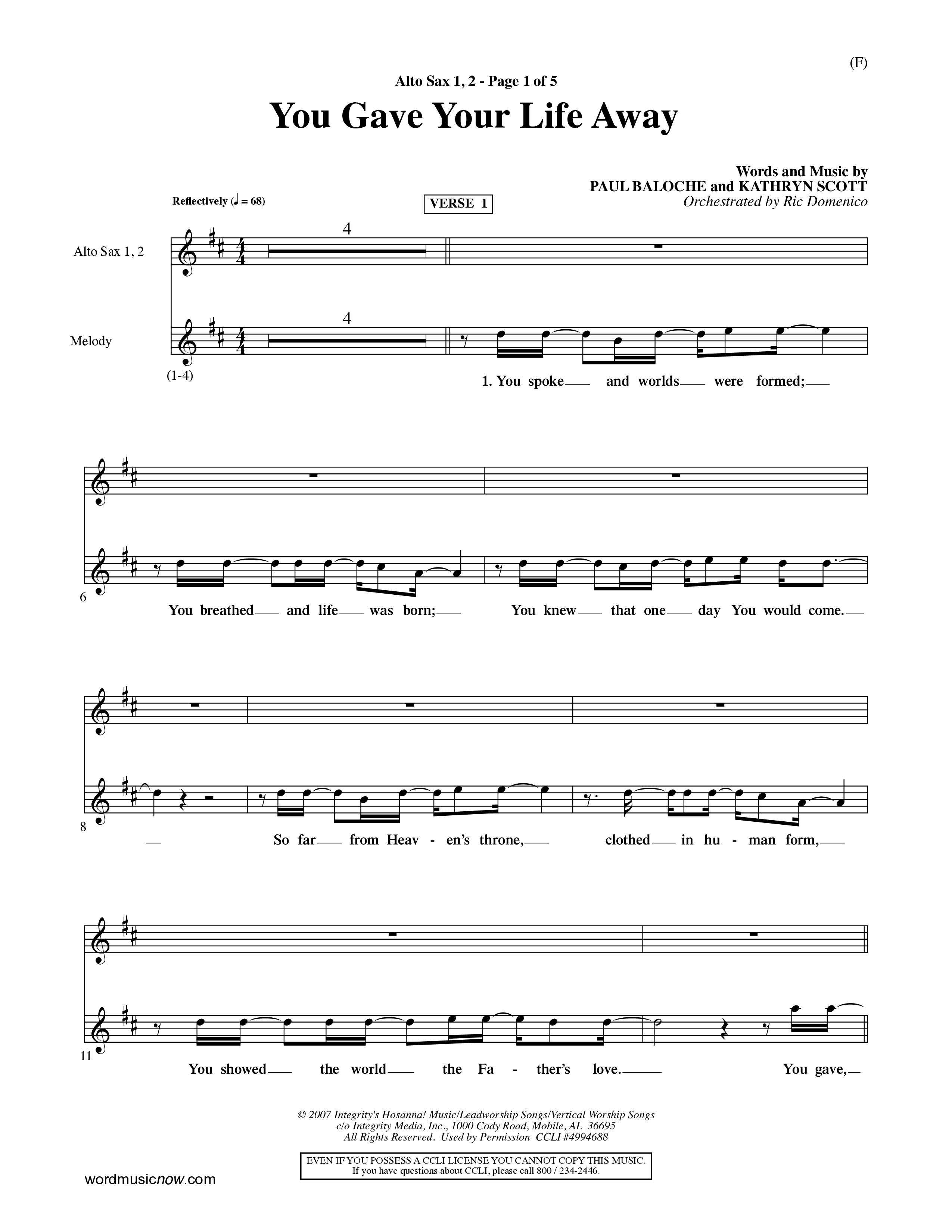 You Gave Your Life Away (Choral Anthem SATB) Alto Sax 1/2 (Word Music Choral / Orch. Ric Domenico)
