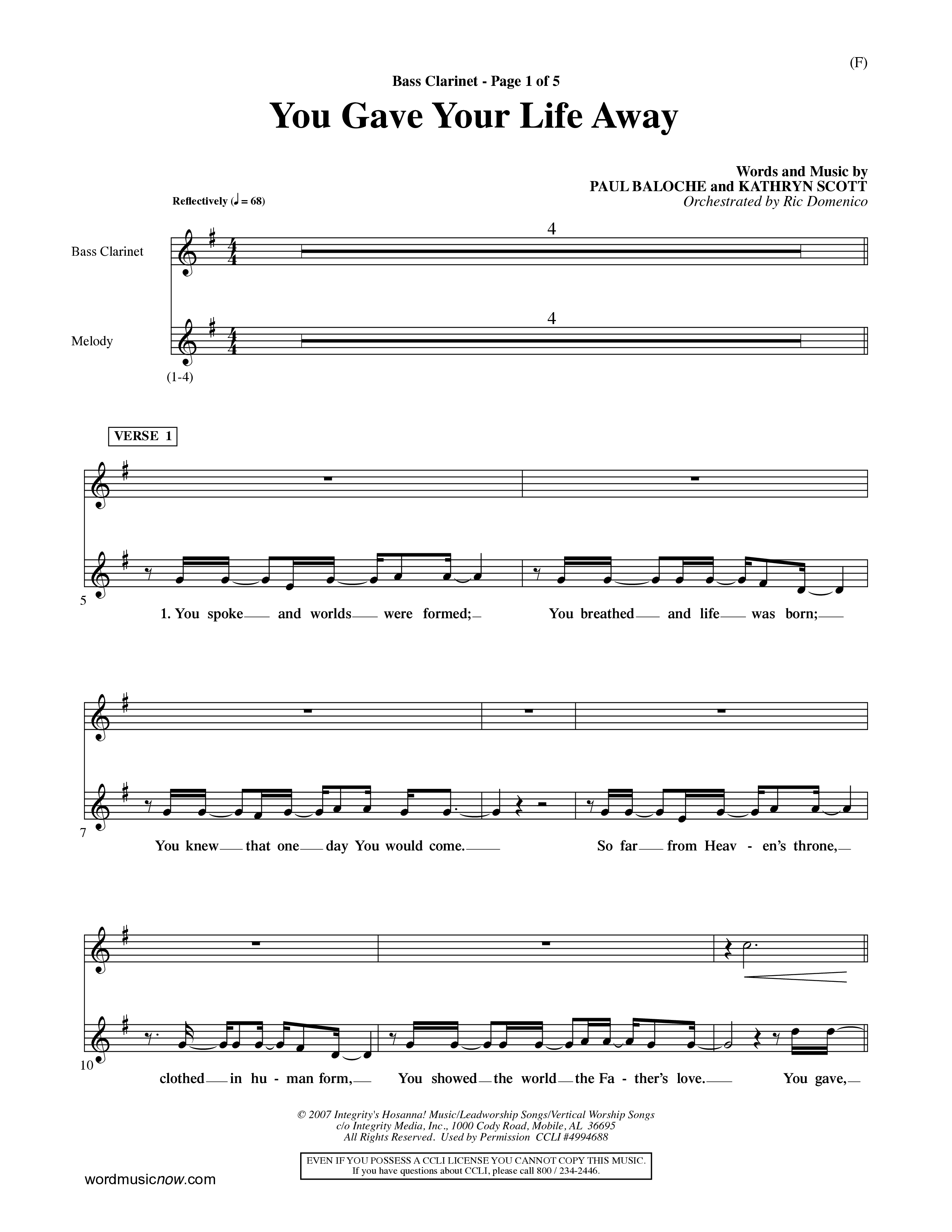 You Gave Your Life Away (Choral Anthem SATB) Bass Clarinet (Word Music Choral / Orch. Ric Domenico)