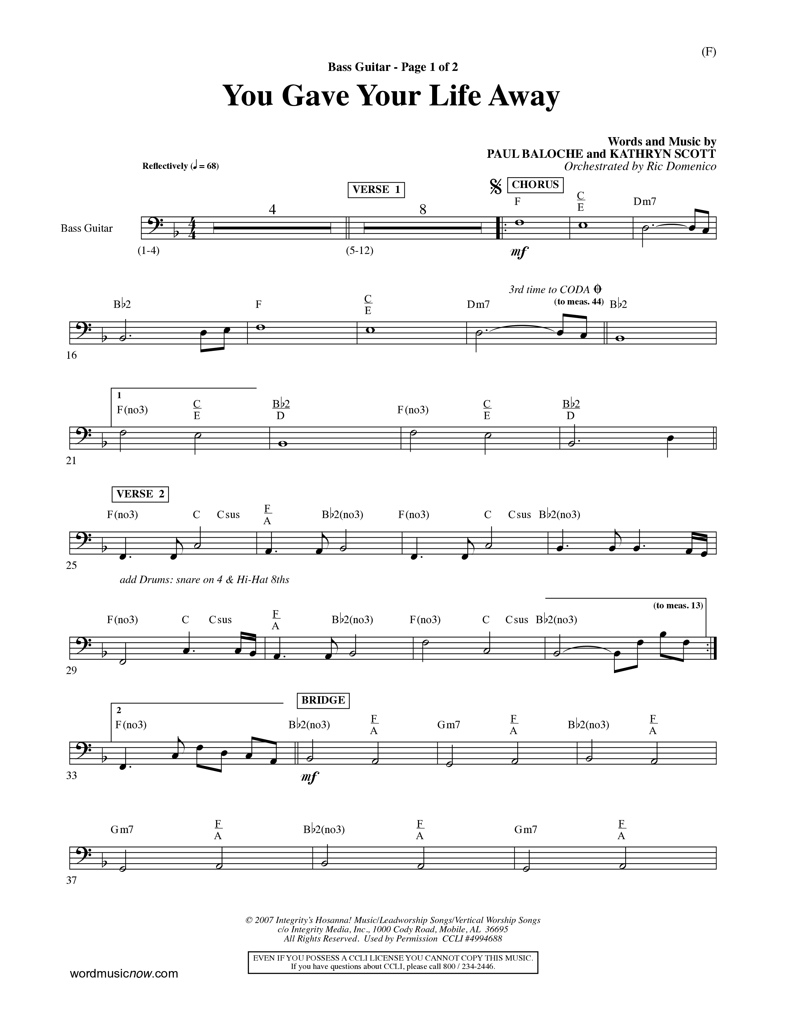 You Gave Your Life Away (Choral Anthem SATB) Bass Guitar (Word Music Choral / Orch. Ric Domenico)