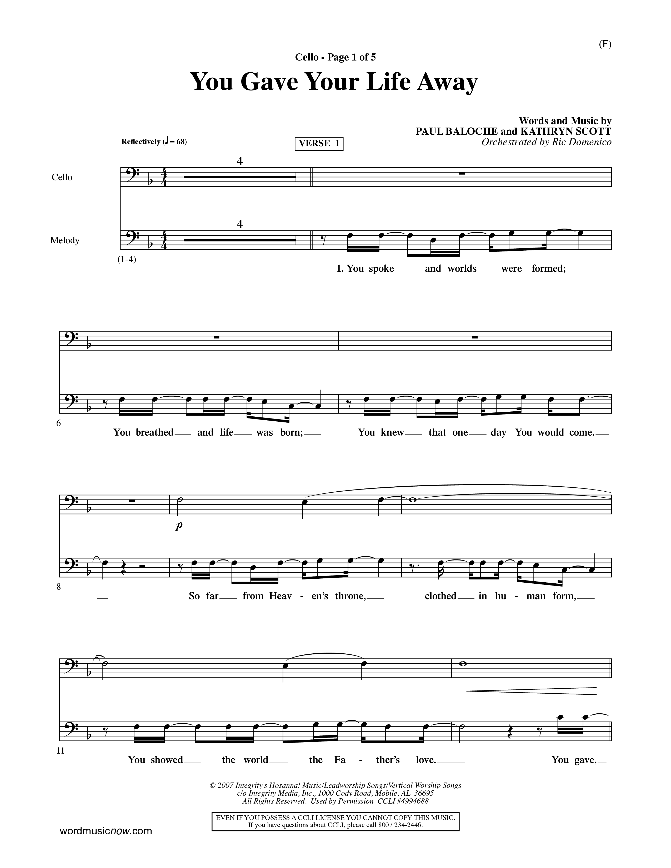 You Gave Your Life Away (Choral Anthem SATB) Cello (Word Music Choral / Orch. Ric Domenico)