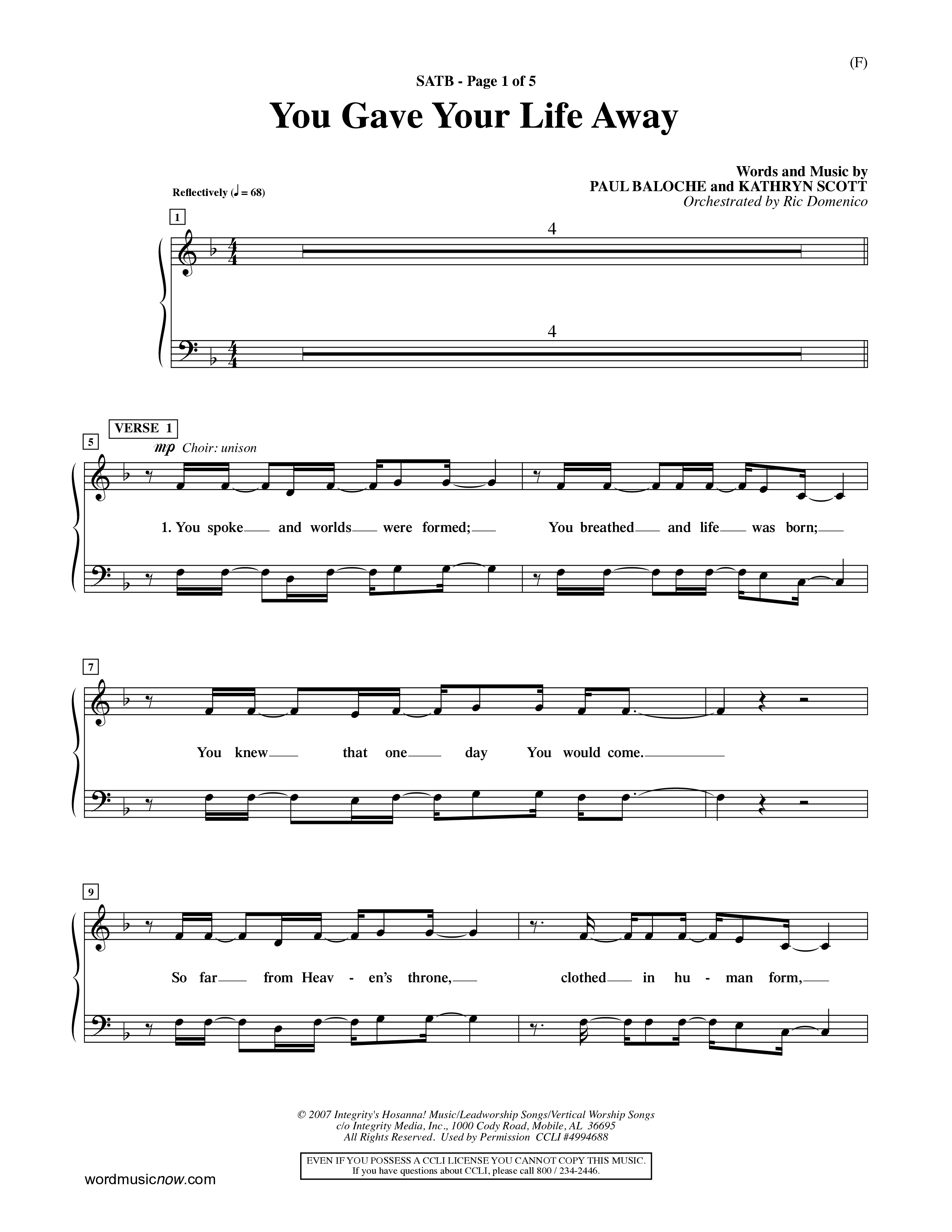 You Gave Your Life Away (Choral Anthem SATB) Choir Sheet (SATB) (Word Music Choral / Orch. Ric Domenico)