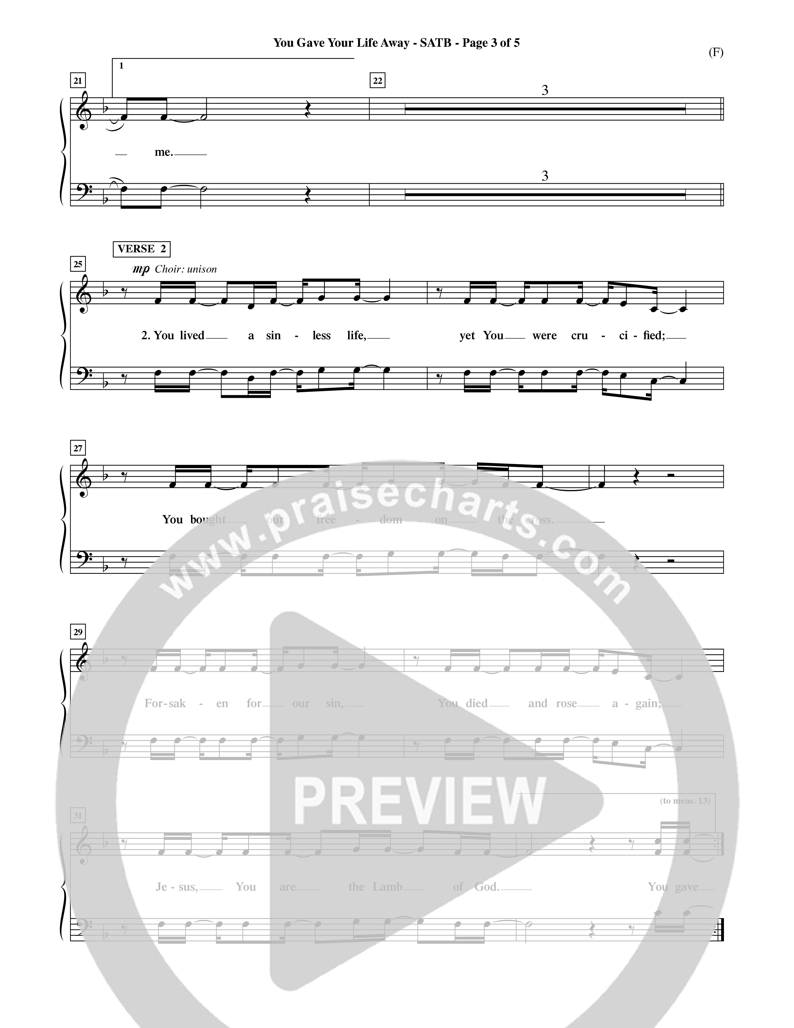 You Gave Your Life Away (Choral Anthem SATB) Choir Sheet (SATB) (Word Music Choral / Orch. Ric Domenico)