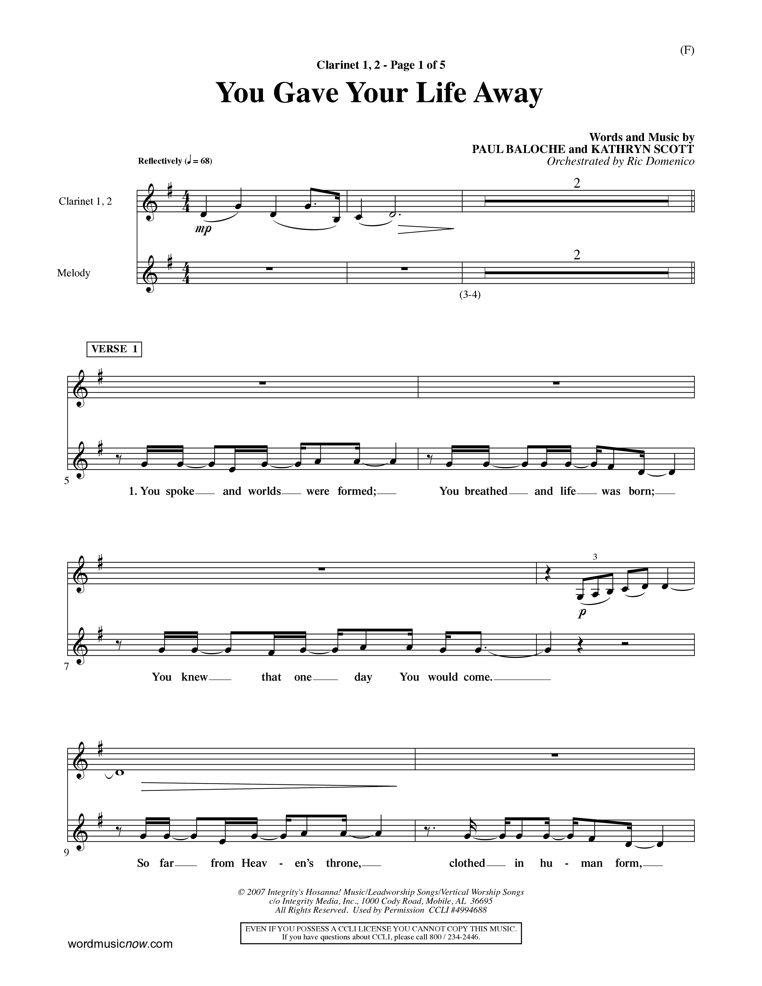 You Gave Your Life Away (Choral Anthem SATB) Clarinet 1/2 (Word Music Choral / Orch. Ric Domenico)