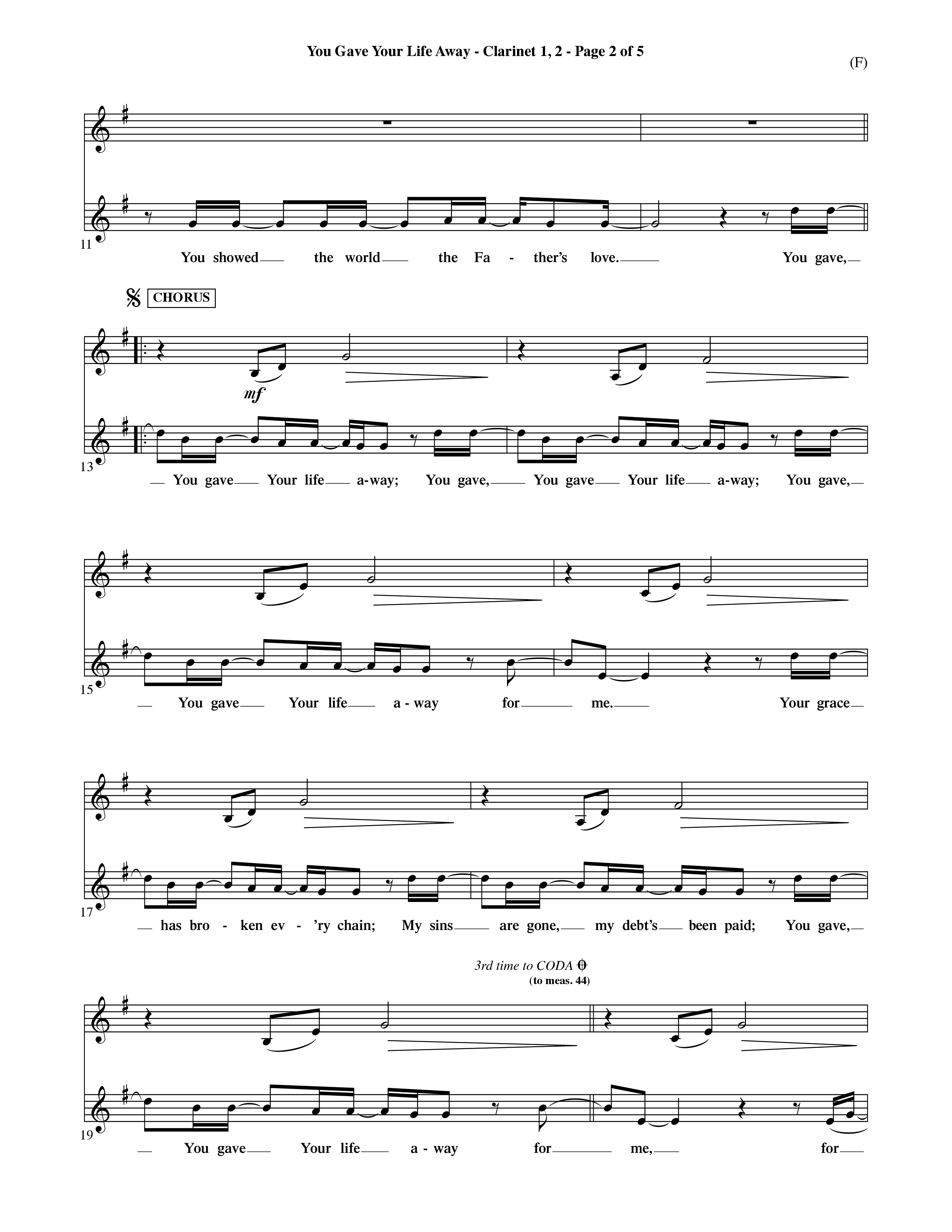 You Gave Your Life Away (Choral Anthem SATB) Clarinet 1/2 (Word Music Choral / Orch. Ric Domenico)